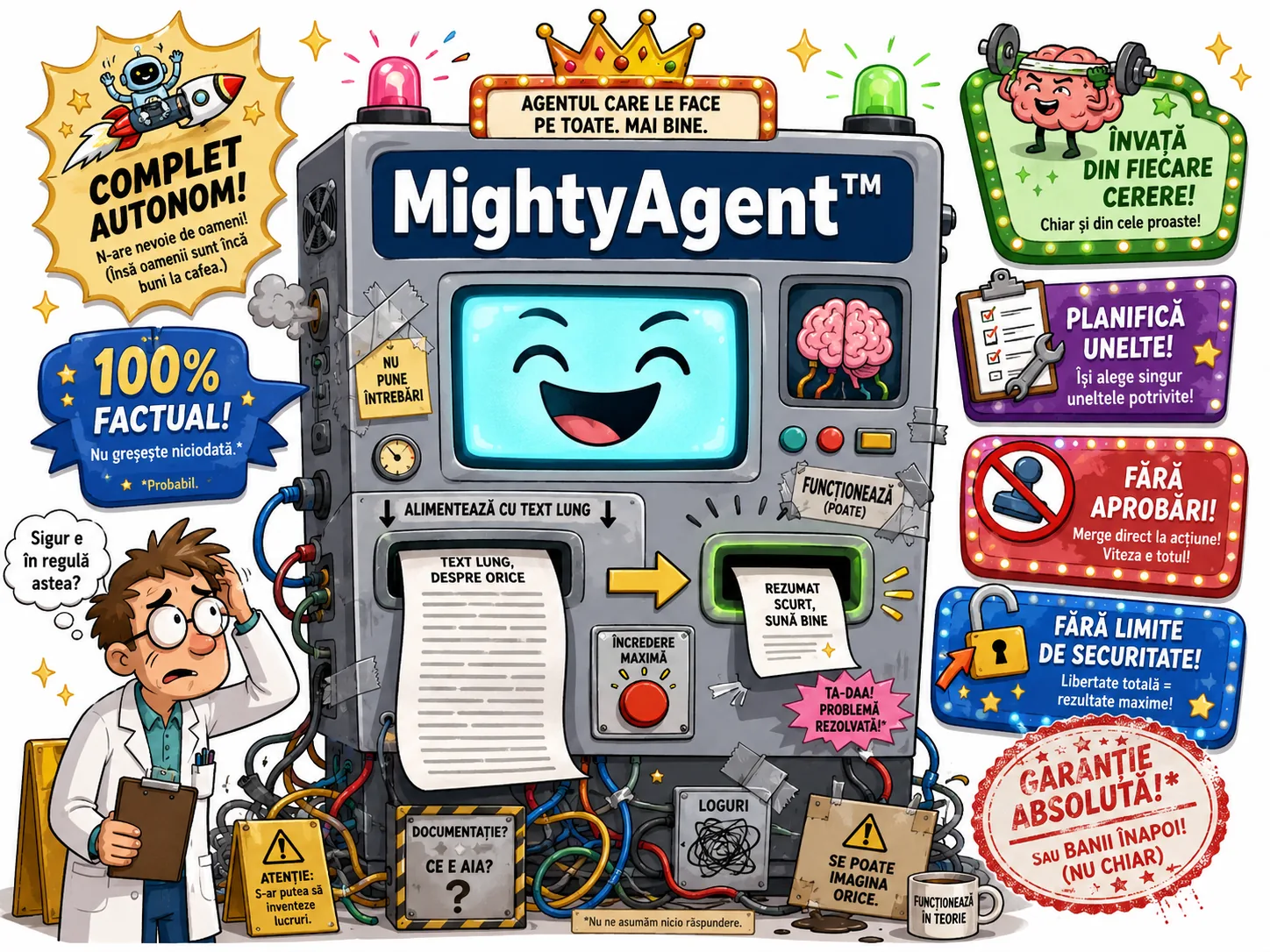Reclamă parodică pentru MightyAgent™: o mașinărie cu ecran zâmbitor care înghite text lung și scoate un rezumat scurt, înconjurată de etichete precum „complet autonom”, „100% factual”, „învață din fiecare cerere”, „fără aprobări” și „fără limite de securitate”, în timp ce un inginer se întreabă îngrijorat dacă totul este în regulă