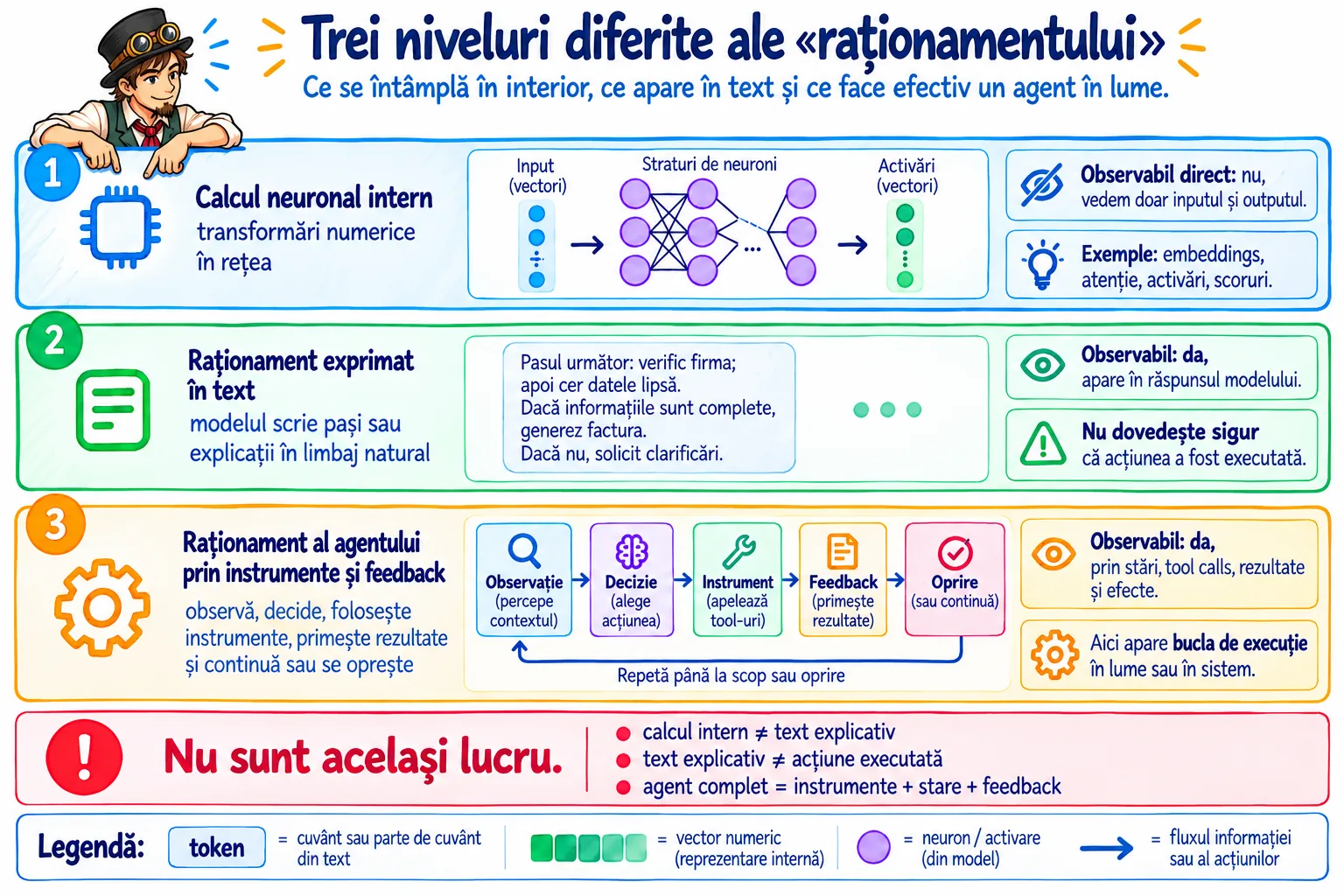 Trei niveluri dispuse vertical și clar separate: calcul neuronal intern, raționament exprimat în text și raționament al agentului prin instrumente și feedback, cu avertismentul „nu sunt același lucru”
