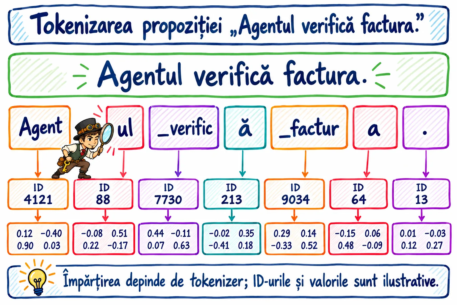 Tokenizarea propoziției „Agentul verifică factura.”: textul este împărțit în tokeni, fiecare primește un ID și apoi un mic vector numeric