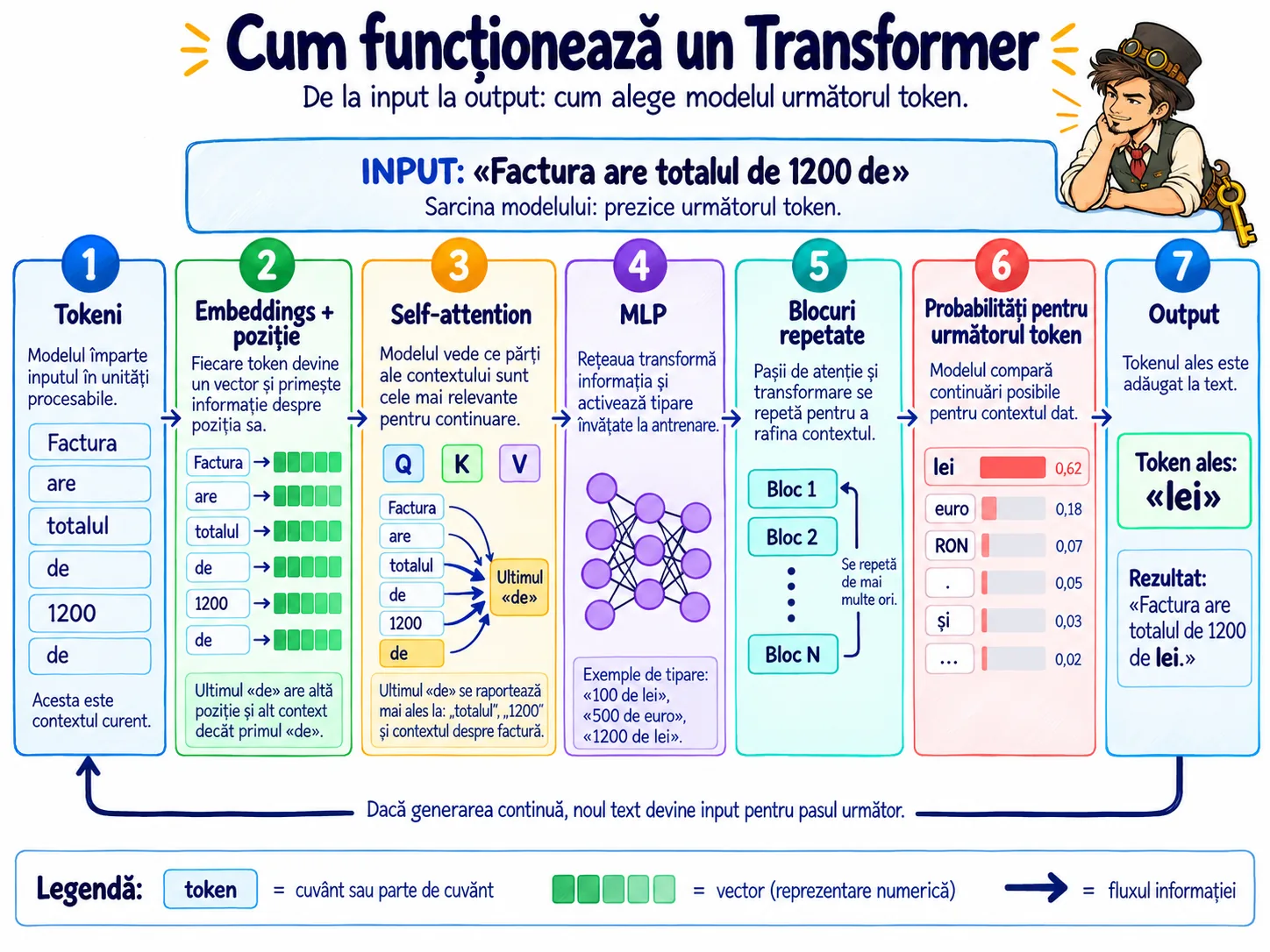 Schema simplificată a unui Transformer: tokeni → embeddings + poziție → self-attention → MLP → repetarea blocurilor → scoruri pentru următorul token, cu Q/K/V doar ca etichete secundare