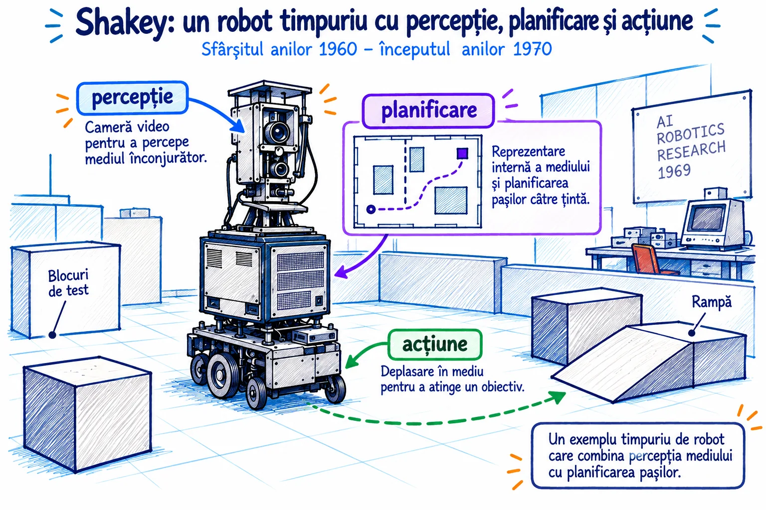 Ilustrație istorică a robotului Shakey într-un laborator din anii 1960–1970, cu săgeți discrete către percepție, planificare și acțiune