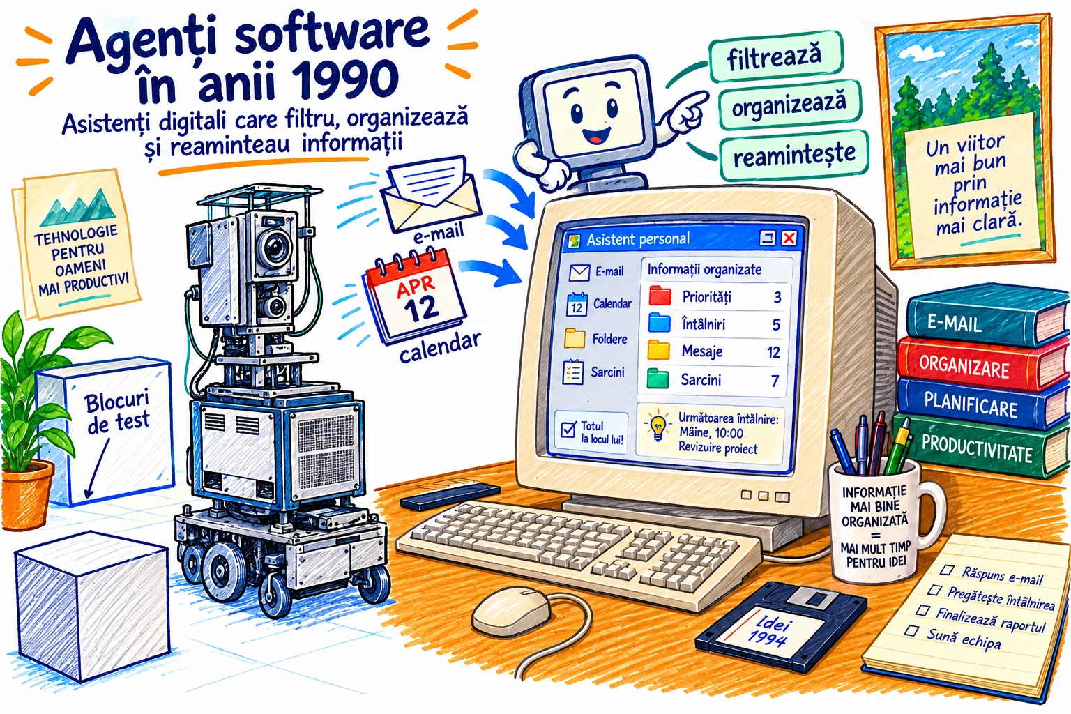 Ilustrație istorică a agenților software din anii 1990: computer desktop al epocii, e-mail, calendar și un mic asistent software care filtrează și organizează informația