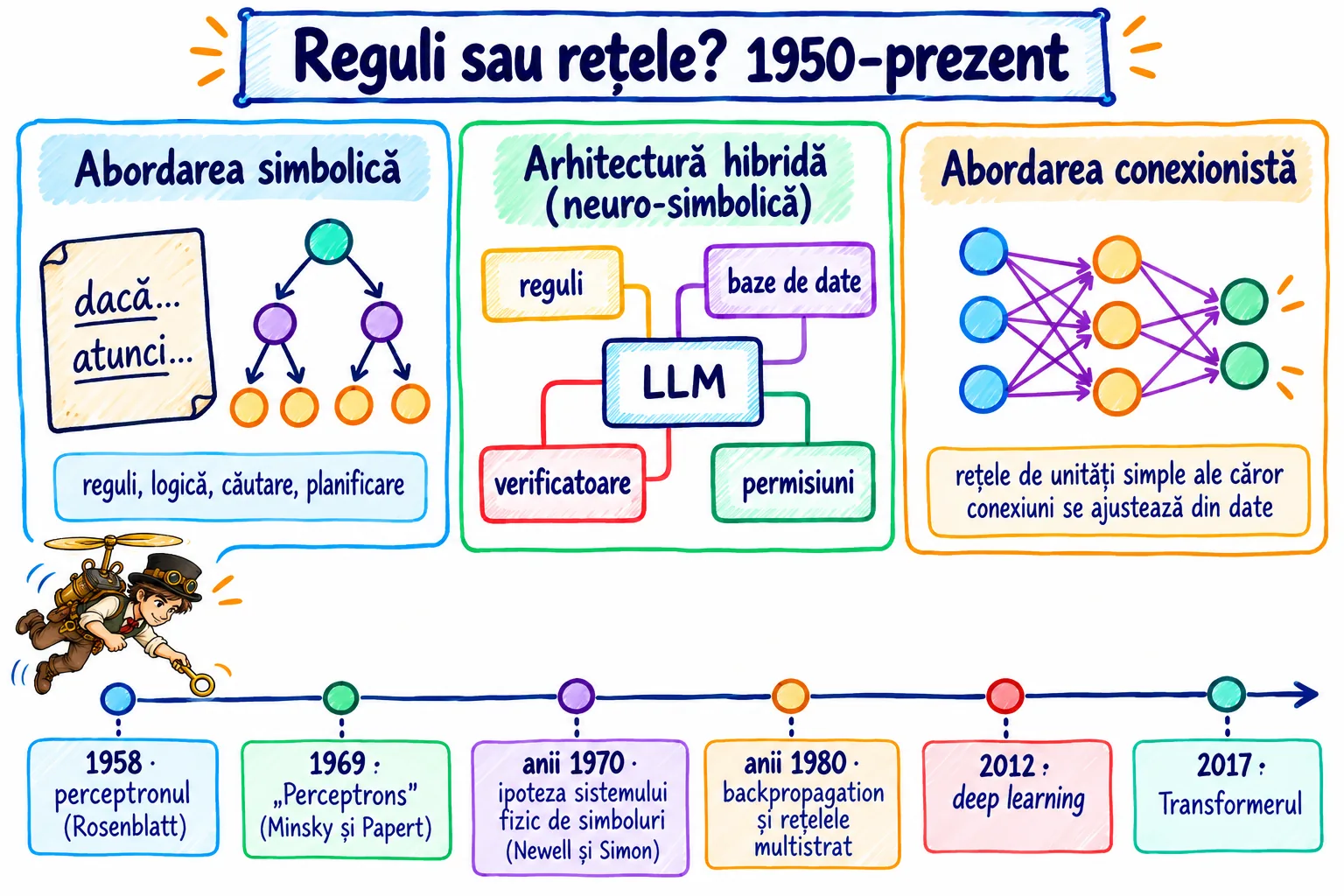 Ilustrație istorică a disputei simbolic–conexioniste în AI: reguli, logică și arbori de căutare în stânga, rețele neuronale și ponderi în dreapta, o arhitectură hibridă modernă în centru