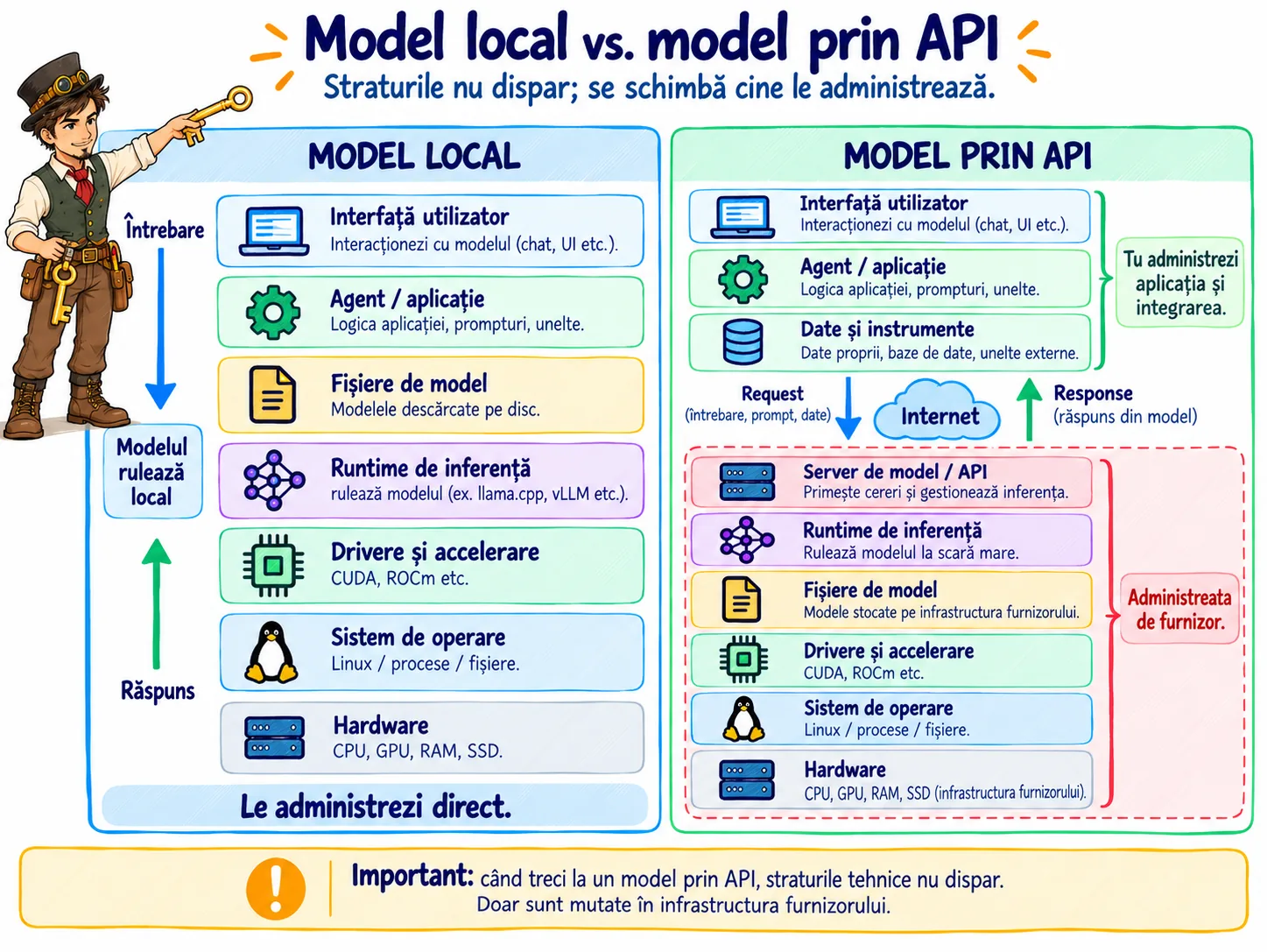 Comparație în două coloane între modelul local, unde utilizatorul vede și administrează hardware, sistem de operare, driver, runtime de inferență, fișiere model, agent și interfață, și modelul prin API, unde utilizatorul administrează aplicația, agentul, datele și instrumentele, iar straturile de hardware, driver, runtime și model stau într-o zonă marcată „administrate de furnizor”; concluzia: straturile nu dispar, se schimbă doar cine le administrează