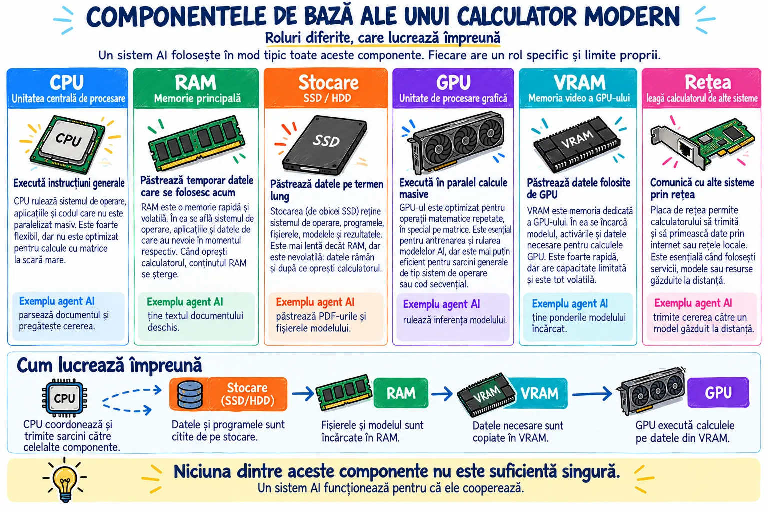 Un calculator stilizat văzut ca resurse distincte: CPU execută logica generală, RAM ține datele active, SSD-ul păstrează fișierele, GPU-ul execută multe operații numerice în paralel, VRAM-ul este memoria directă a GPU-ului, iar rețeaua leagă alte sisteme, fiecare resursă cu un exemplu concret dintr-un agent care analizează documente