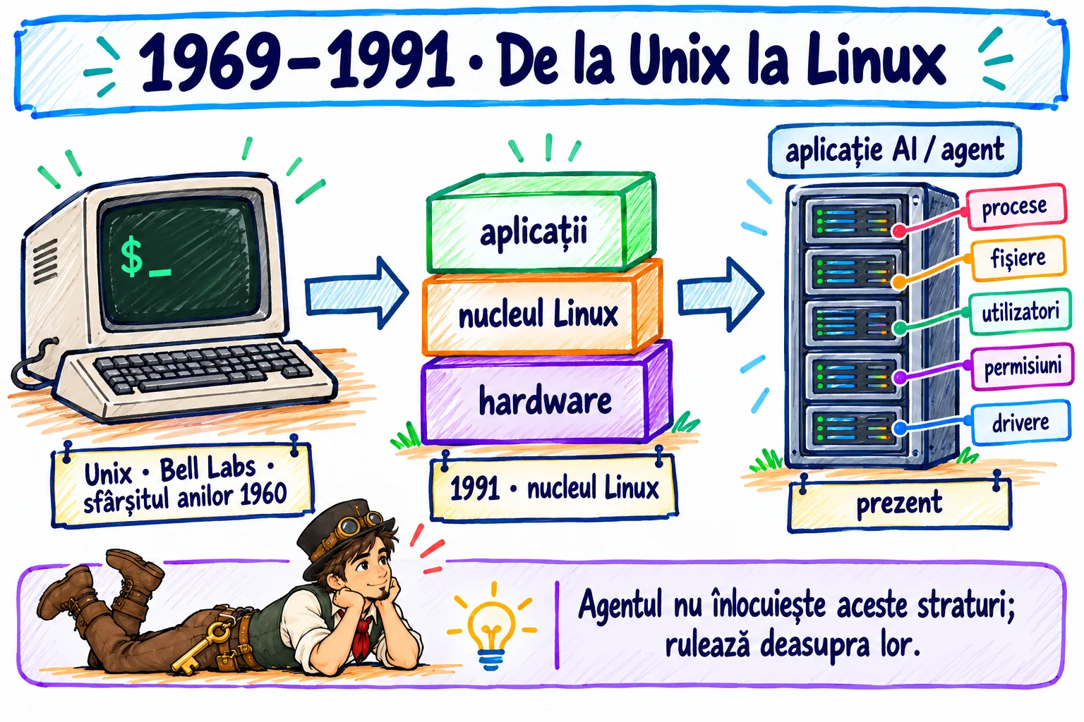 Linie temporală 1969, 1991 și prezent: un terminal Unix stilizat, nucleul Linux reprezentat ca strat între aplicații și hardware și un server modern cu o aplicație AI deasupra, etichetat cu procese, fișiere, utilizatori, permisiuni și drivere