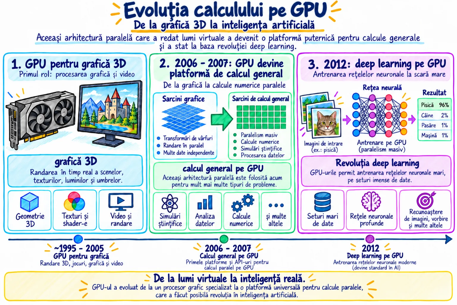 Evoluția GPU compute în trei etape: o placă grafică pentru scene 3D, apoi GPU-ul devine platformă de calcul general în 2006–2007 și, în 2012, o rețea neuronală pentru imagini antrenată pe GPU