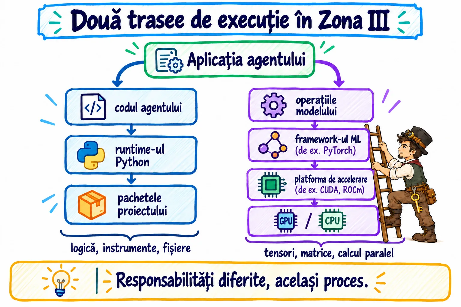 Două trasee paralele care se întâlnesc în aplicație: codul agentului trece prin runtime-ul Python și pachetele proiectului, iar operațiile modelului trec prin framework-ul ML, platforma de accelerare și CPU/GPU, fiecare traseu cu responsabilități diferite