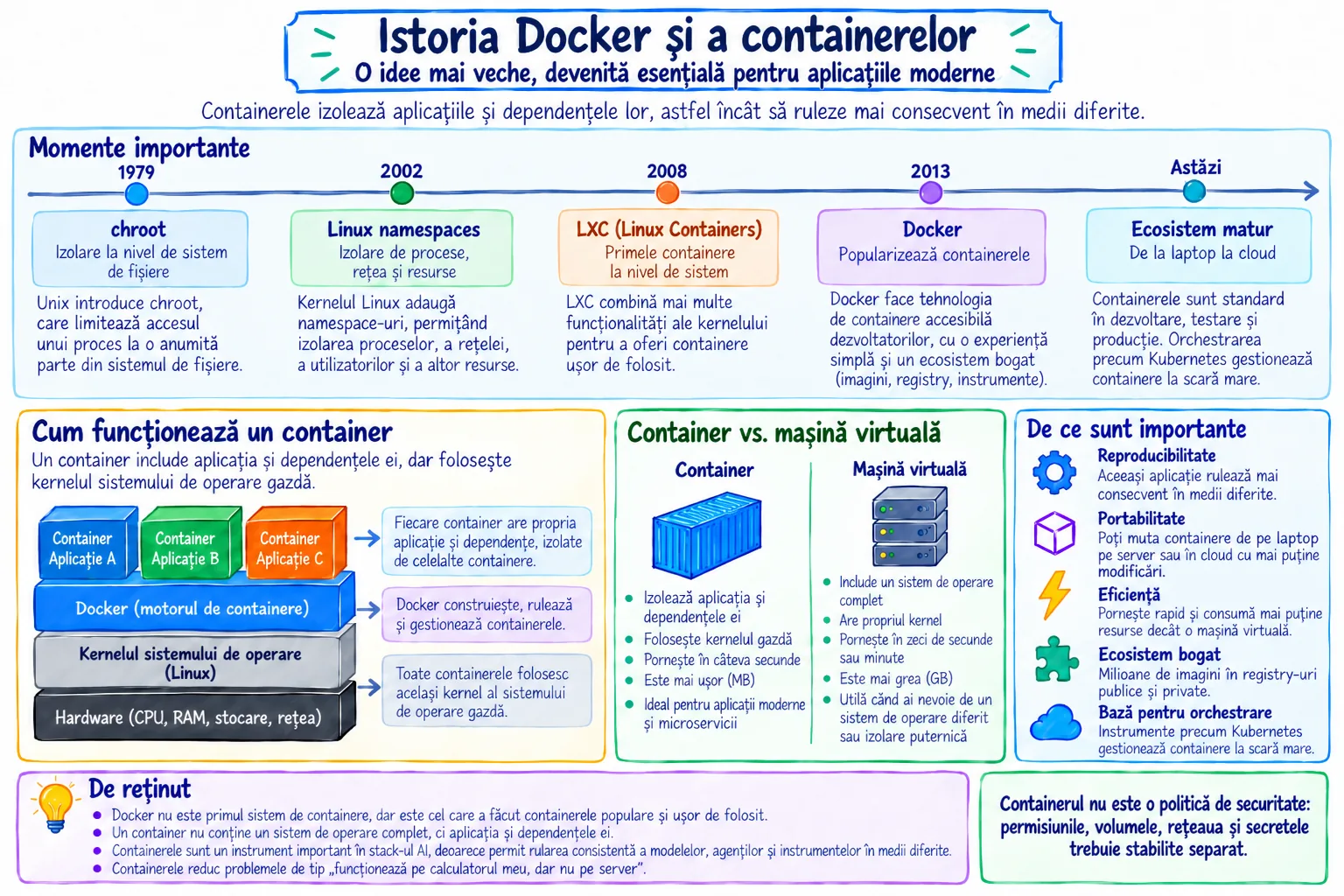 Ilustrație istorică 2013 spre prezent: un dezvoltator are o aplicație care rulează diferit pe trei servere, apoi un container standardizat include aplicația și dependențele și se mută între medii, cu avertismentul că containerul nu este o politică completă de securitate