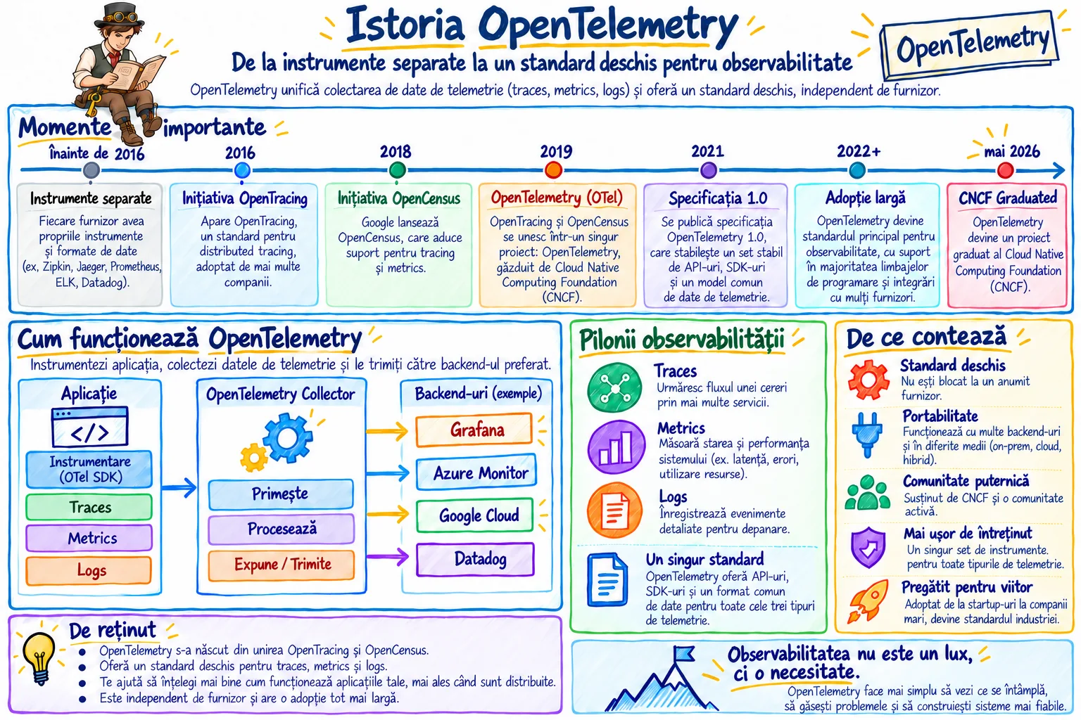 Proiectele separate OpenTracing și OpenCensus converg în 2019 într-o singură ramură OpenTelemetry, care transportă trei semnale — traces, metrics și logs — și ajunge în 2026 proiect matur în CNCF