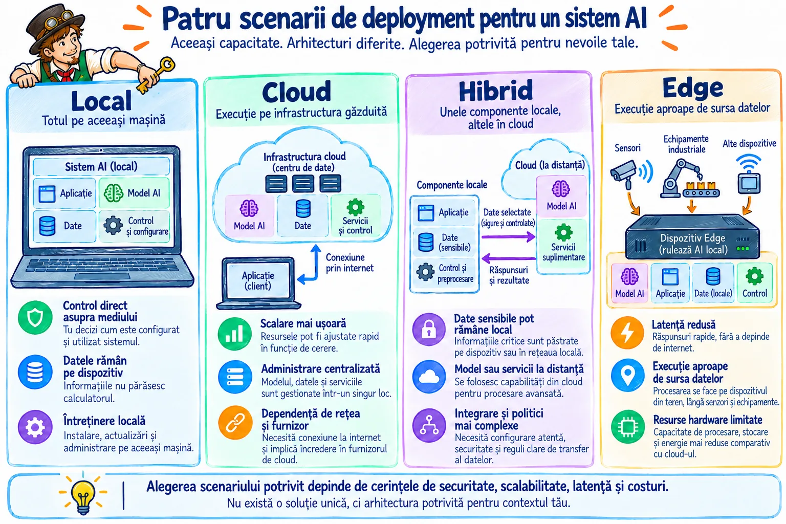 Patru scenarii de deployment: local, cu toate componentele pe laptop; cloud, cu aplicația conectată la infrastructură aflată la distanță; hibrid, cu date locale și model găzduit la distanță legate prin săgeți controlate; și edge, cu dispozitivul lângă senzor sau fabrică, fiecare cu responsabilitățile sale cheie