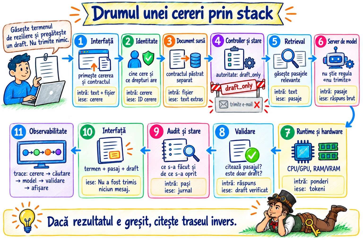 Infografic lat care urmărește o singură cerere — „găsește termenul de reziliere și pregătește un draft; nu trimite” — prin unsprezece pași numerotați: interfață, identitate, stocarea documentului sursă, controller și stare, retrieval, server de model, runtime și hardware, validare, audit și stare, interfață și observabilitate, cu mici casete „ce intră / ce iese” și limita draft_only evidențiată ca barieră vizuală