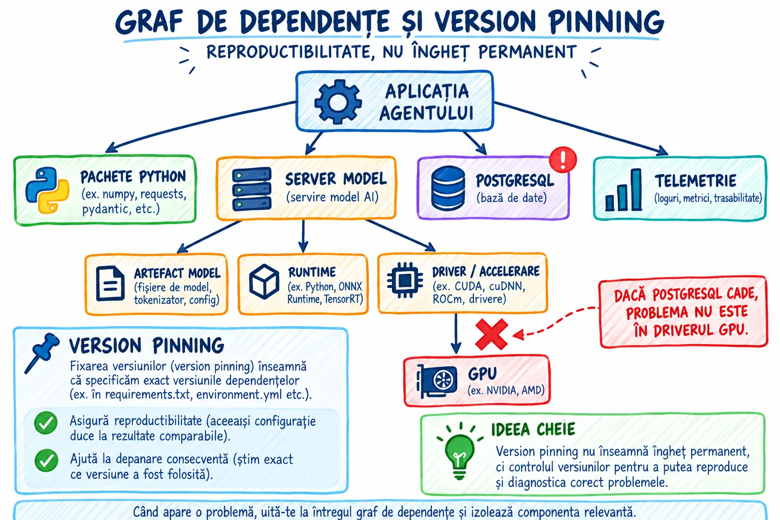 Graf de dependențe cu aplicația agentului în centru, ramuri către pachetele Python, serverul de model, PostgreSQL și telemetrie, iar serverul de model ramificat către artefactul modelului, runtime, driver și accelerare până la GPU, cu exemplul marcat în roșu: dacă PostgreSQL cade, problema nu este în driverul GPU