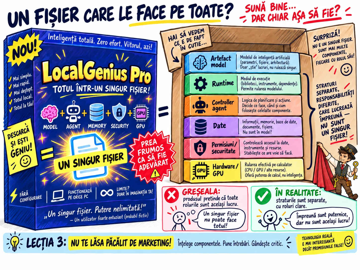Poster satiric cu produsul fictiv LocalGenius Pro: pe cutie se pretinde că model, agent, memorie, securitate și GPU sunt un singur fișier, iar în interior apar straturile reale separate — artefact, runtime, controller, date, permisiuni și hardware