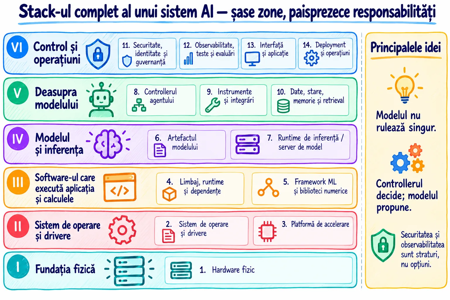 Poster recapitulativ cu stack-ul complet al unui sistem AI: paisprezece straturi grupate în șase zone — hardware; sistem de operare, kernel, drivere și accelerare; limbaj, runtime, dependențe și framework-uri ML; model, artefact, cuantizare, runtime de inferență și server de model; controller, instrumente, date, stare și retrieval; securitate, observabilitate, interfață și deployment — fiecare cu o propoziție de rol