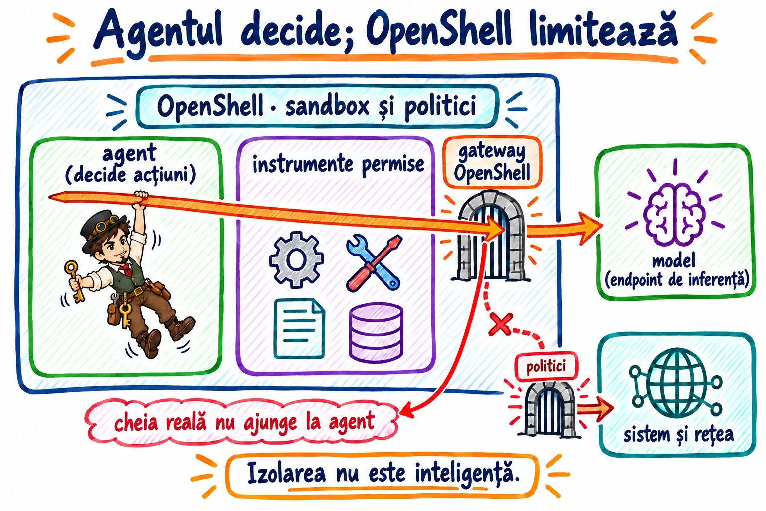Agentul rulează într-un sandbox OpenShell separat de endpointul modelului.