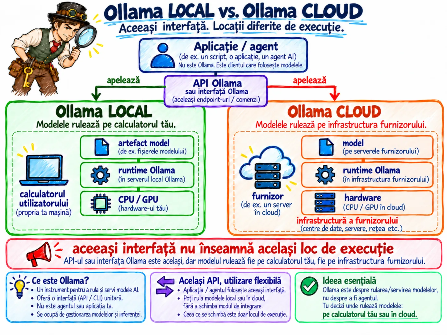 Comparație între inferența locală și inferența cloud accesate prin Ollama.