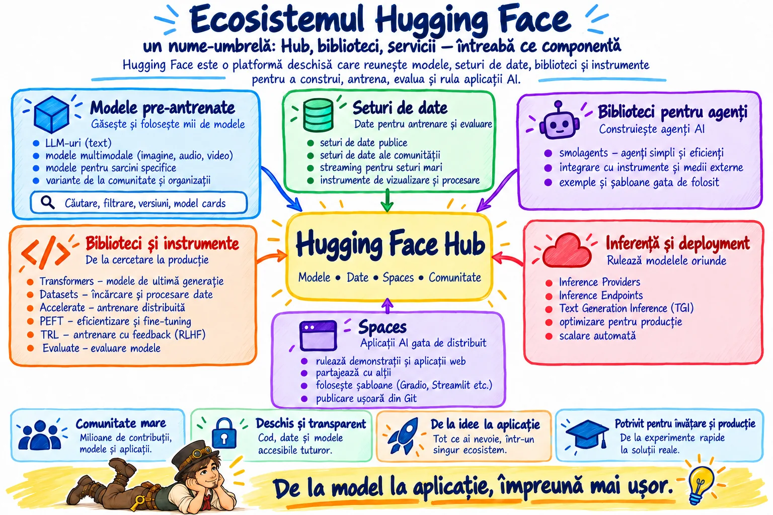 Harta componentelor principale din ecosistemul Hugging Face.
