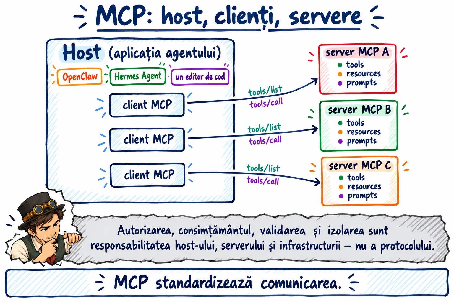 Arhitectura MCP cu host, clienți și servere.