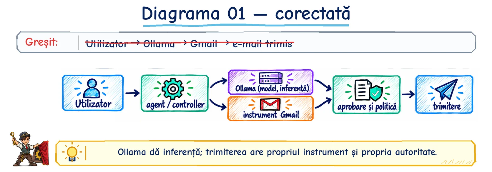 Diagrama 1 corectată: utilizatorul trimite cererea agentului sau controllerului, care folosește Ollama pentru inferență și instrumentul Gmail pentru trimitere; trimiterea trece prin aprobare și politică.