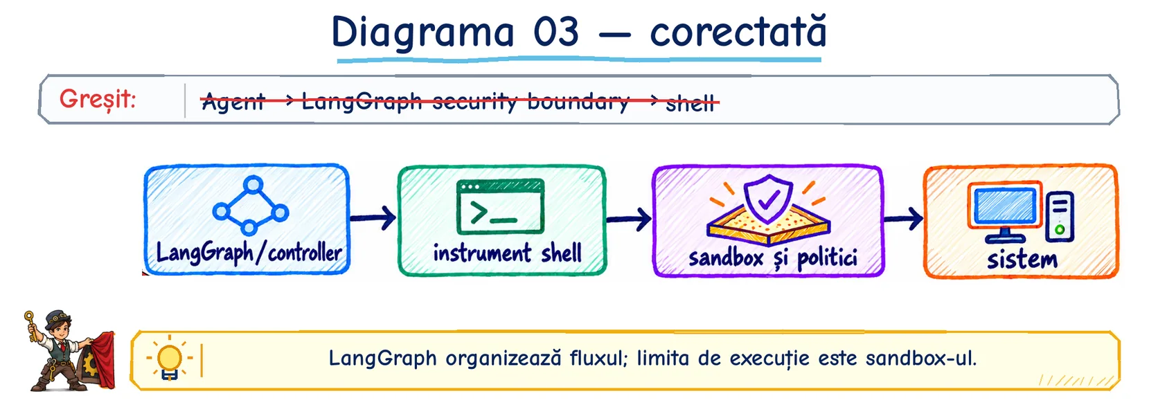 Diagrama 3 corectată: LangGraph sau controllerul cheamă instrumentul shell, care rulează în sandbox și sub politici înainte să atingă sistemul.