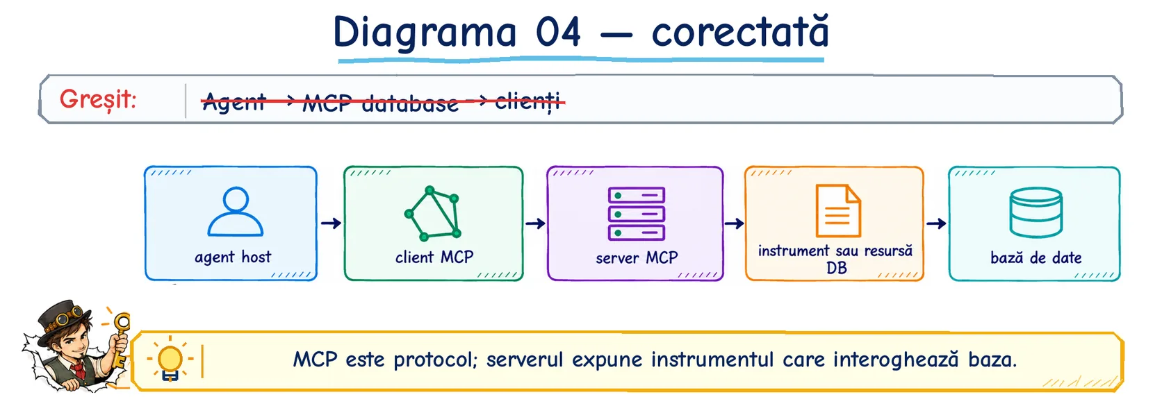 Diagrama 4 corectată: aplicația-gazdă a agentului folosește un client MCP, care vorbește cu un server MCP; serverul expune un instrument sau o resursă care interoghează baza de date.