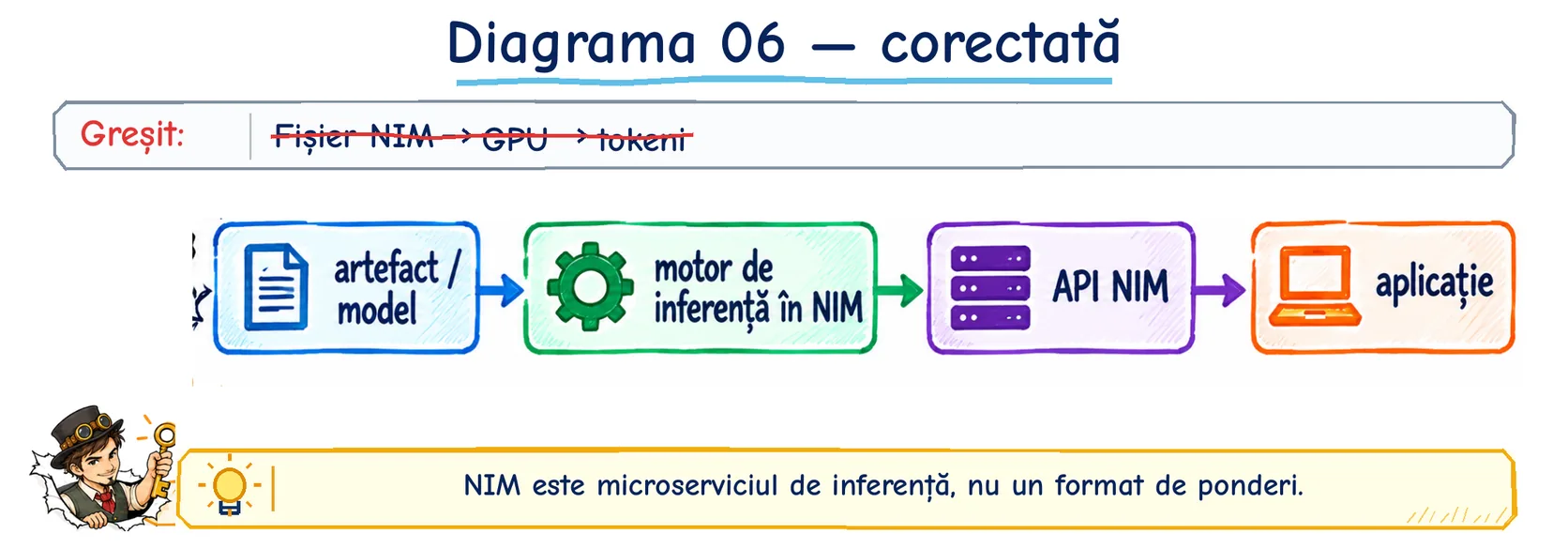 Diagrama 6 corectată: artefactul de model este încărcat de motorul de inferență din NIM, expus prin API-ul NIM și folosit de aplicație.