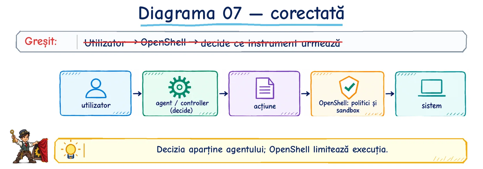 Diagrama 7 corectată: utilizatorul dă sarcina agentului sau controllerului, care decide acțiunea; OpenShell aplică politici și sandbox înainte ca acțiunea să ajungă la sistem.
