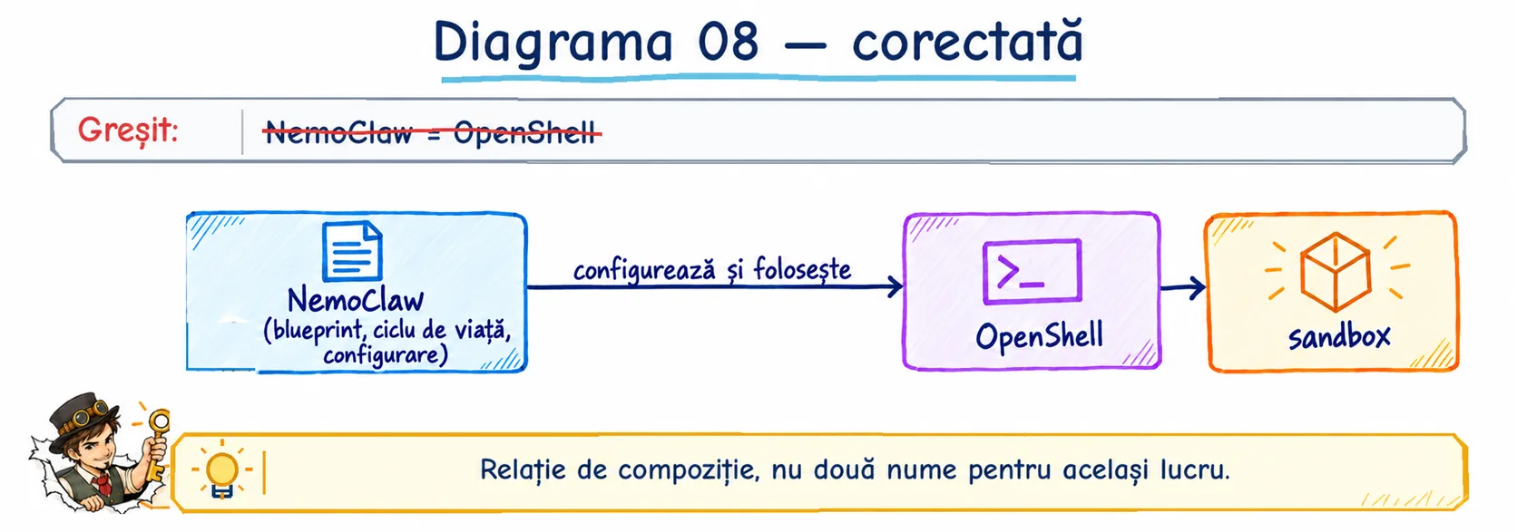 Diagrama 8 corectată: NemoClaw, cu blueprint, ciclu de viață și configurare, configurează și folosește OpenShell, care creează sandbox-ul.