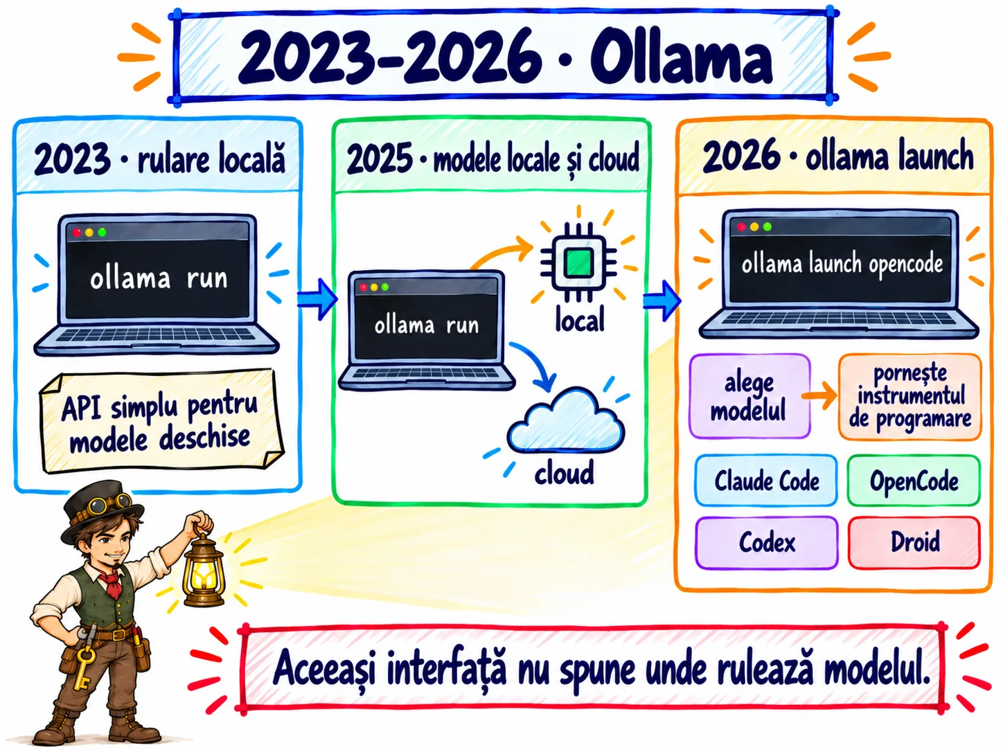 Evoluția Ollama: rulare locală în 2023, modele locale și cloud în 2025, comanda ollama launch în 2026.