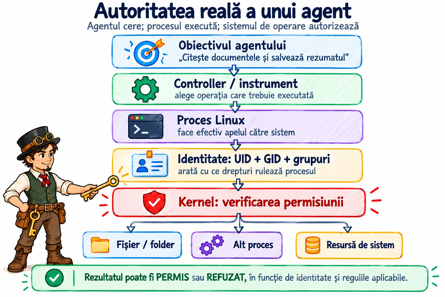 Lanțul autorității: de la obiectivul agentului, prin controller și procesul Linux, la verificarea permisiunilor de către kernel, cu rezultatele „permis” și „refuzat”.