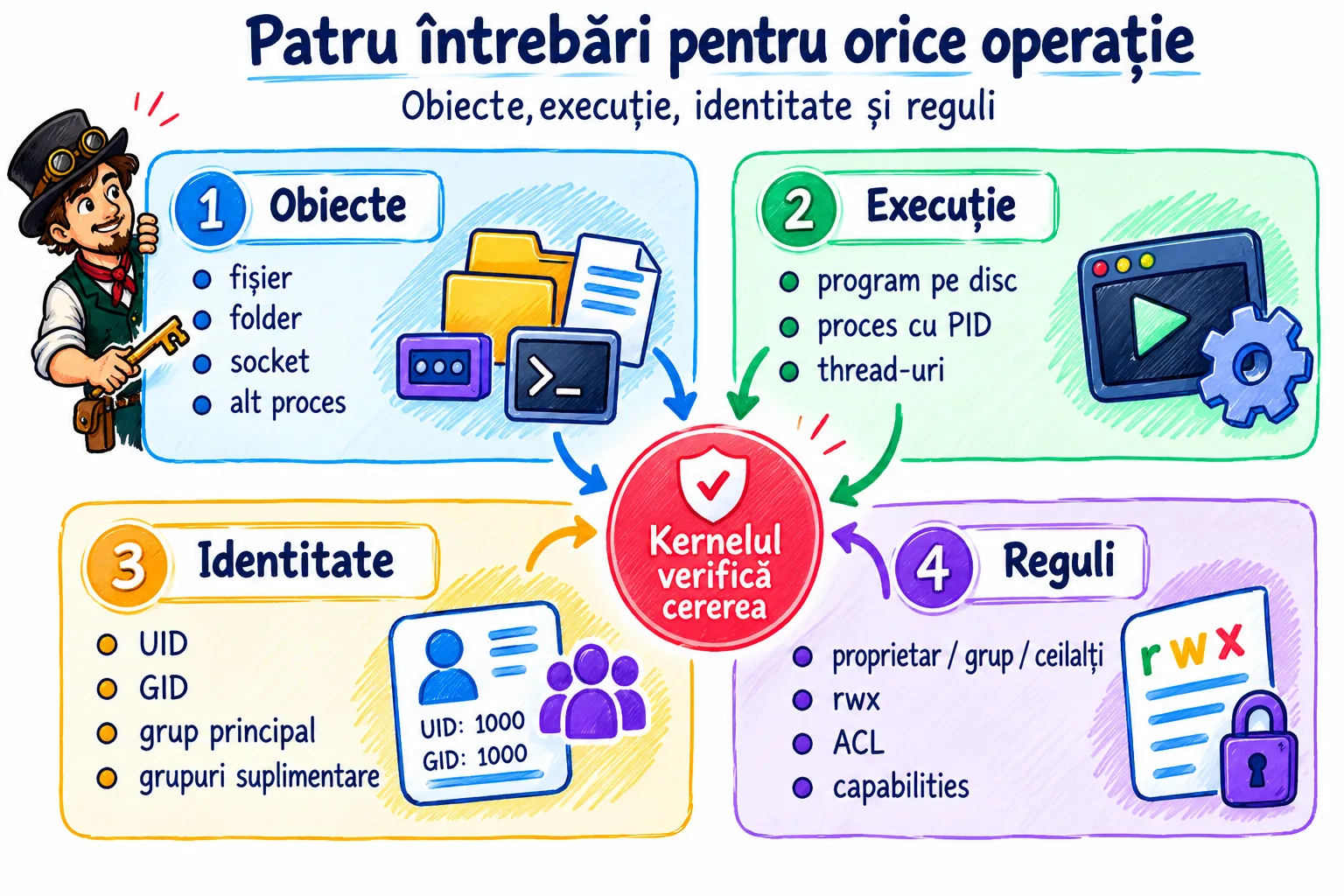 Patru cadrane: obiecte (fișier, folder, socket, proces), execuție (programul devine proces cu PID), identitate (UID, GID, grupuri) și reguli (proprietar, grup, ceilalți, rwx, ACL, capabilities), cu kernelul în centru.