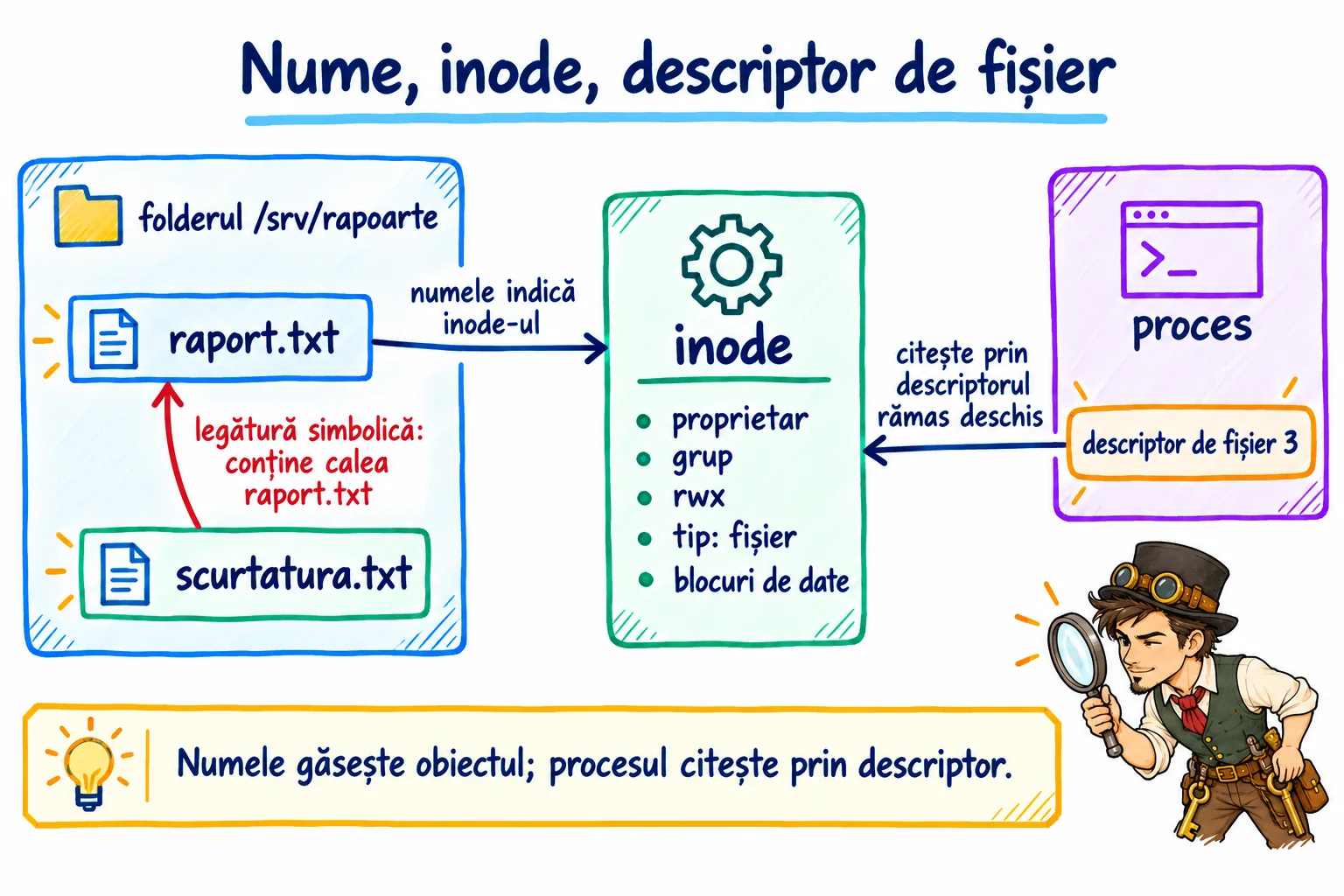 Numele raport.txt indică spre inode, inode-ul poartă metadatele (proprietar, grup, rwx, tip), iar procesul primește descriptorul de fișier prin care citește; separat, o legătură simbolică.