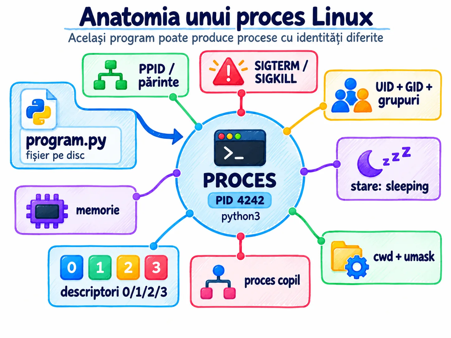 Anatomia unui proces Linux cu PID 4242: părinte, UID, GID și grupuri, stare, memorie, director curent, umask, descriptorii 0–3, un subproces copil și semnalele SIGTERM și SIGKILL.