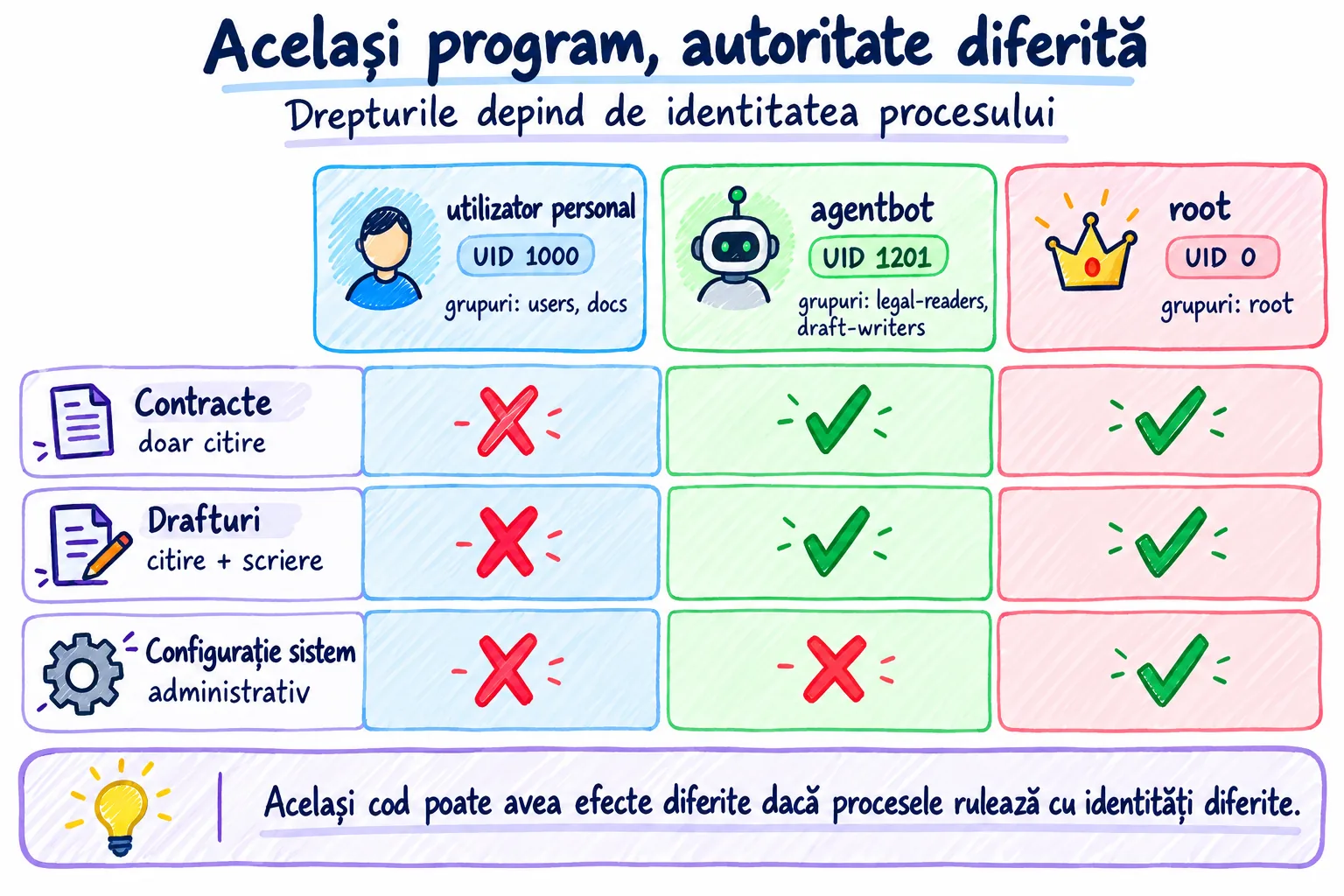 Trei procese cu același program pornite sub identități diferite — utilizator personal, agentbot, root — au acces diferit la contracte, drafturi și configurația sistemului.