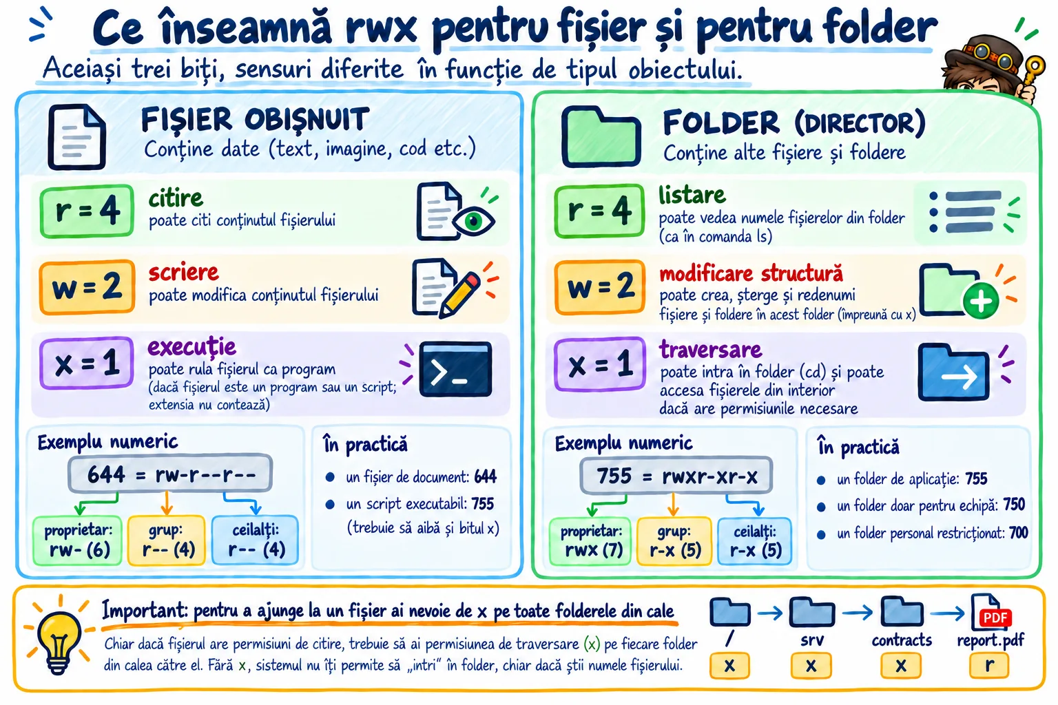 Tabel comparativ rwx pentru fișier și folder: citirea, scrierea și executarea au sensuri diferite; exemplul /srv/contracts/report.pdf arată că x pe folderele părinte este necesar ca să ajungi la fișier.