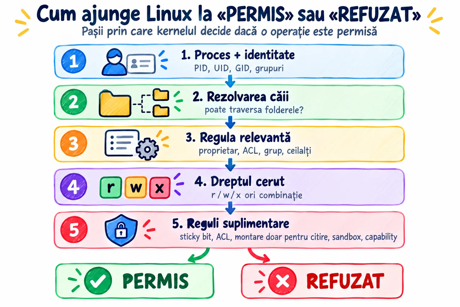 Fluxul verificării permisiunilor: proces cu UID și GID, rezolvarea căii prin foldere, potrivirea proprietar/grup/ceilalți sau ACL, dreptul cerut, reguli suplimentare, apoi verdictul „permis” sau „refuzat”.