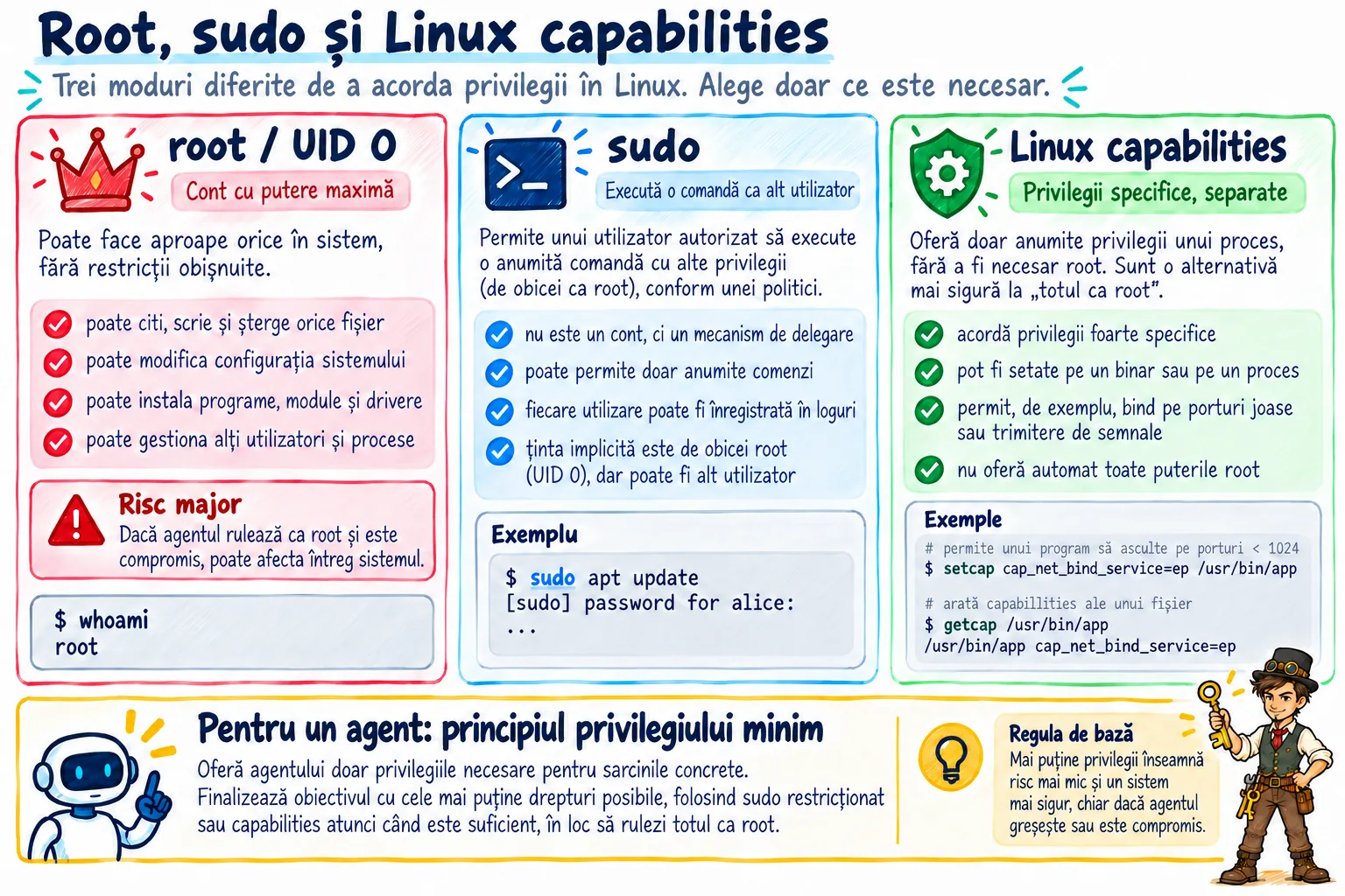 Root (UID 0) ca o cheie mare care deschide multe uși, alături de Linux capabilities — chei mici, separate pe categorii de operații — dintre care procesul agent primește doar pe cea necesară.