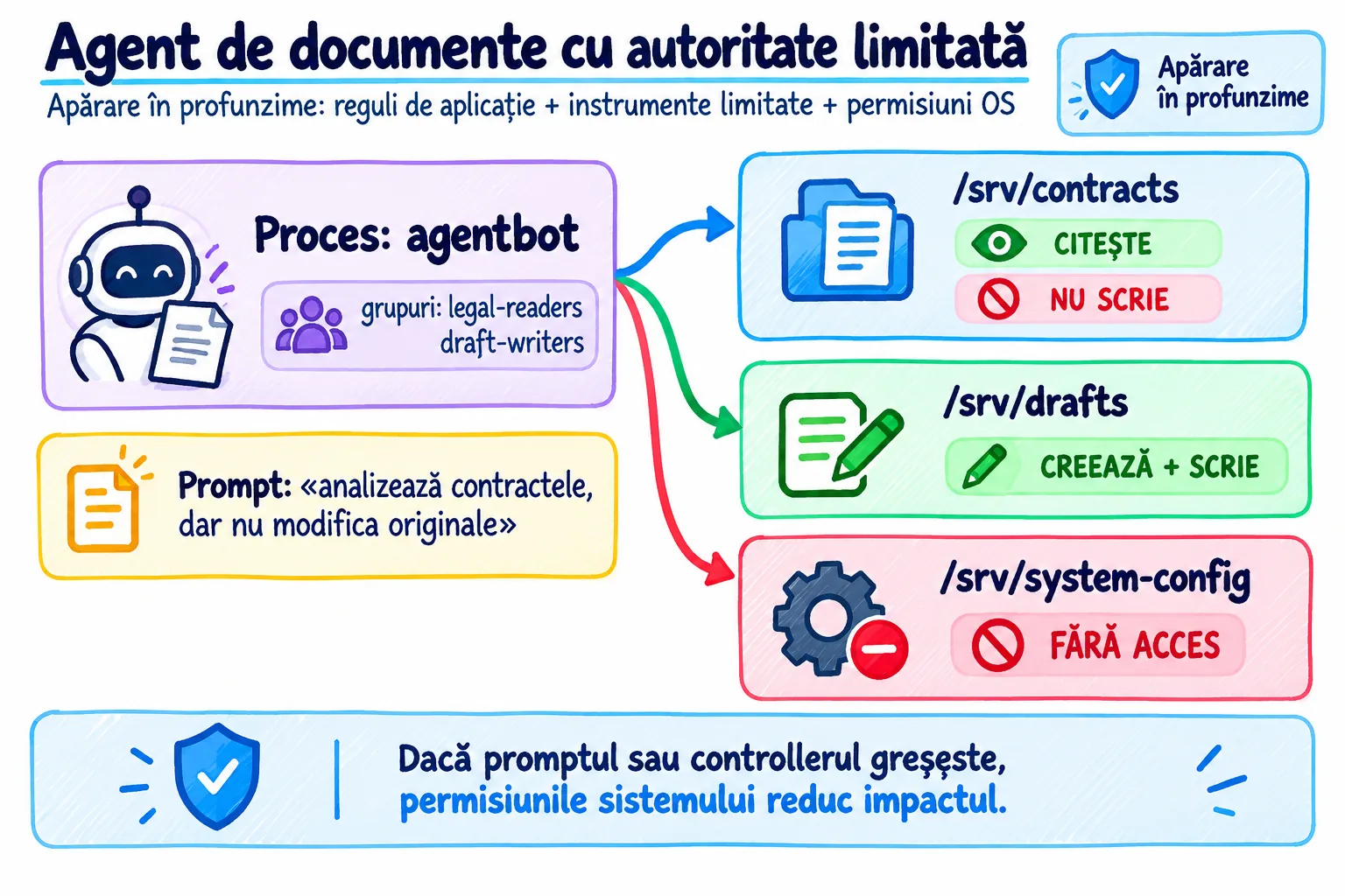 Agentbot citește din /srv/contracts fără să scrie, creează în /srv/drafts și nu are acces la /srv/system-config; apărare în profunzime: regula aplicației, instrument doar pentru citire și permisiunile sistemului.