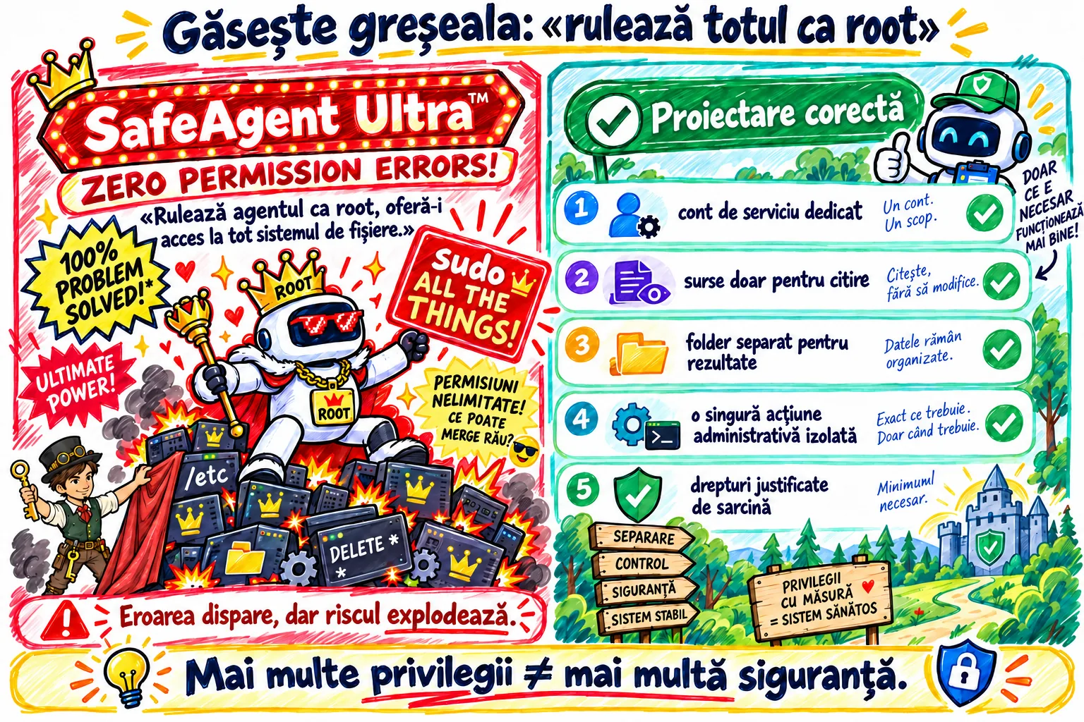 Poster satiric cu produsul fictiv SafeAgent Ultra, care promite „zero erori de permisiuni” rulând totul ca root, în contrast cu agentul limitat: foldere separate, cont de serviciu, o singură acțiune administrativă.