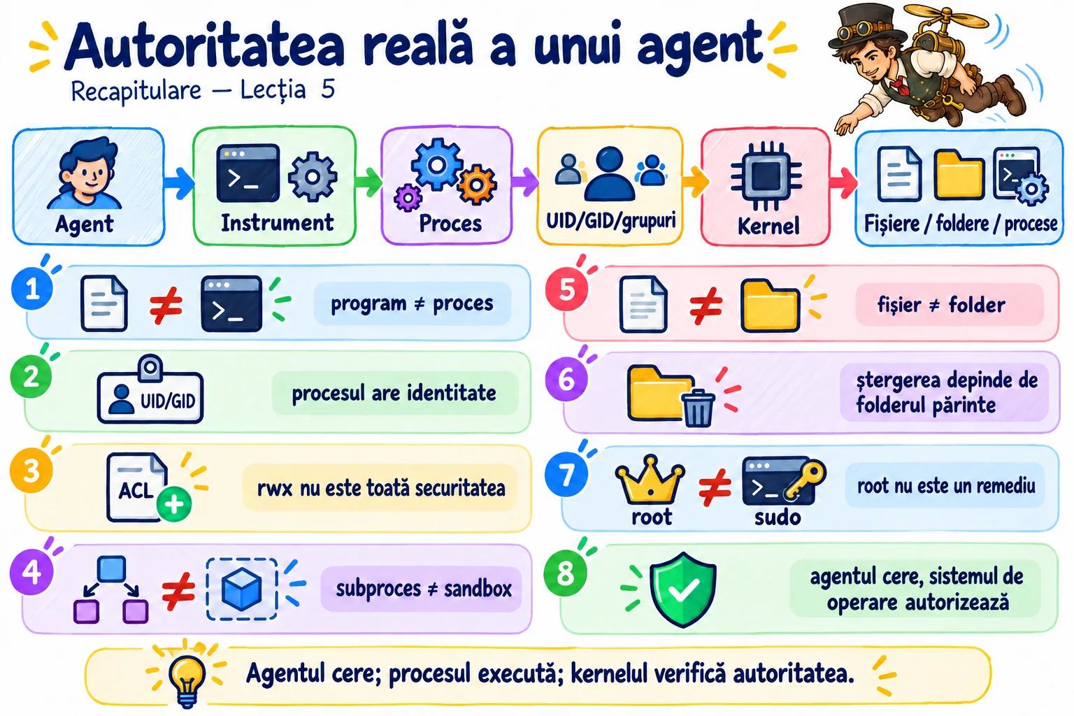 Poster de recapitulare: lanțul agent → instrument → proces → UID/GID/grupuri → kernel → fișiere și foldere, înconjurat de cele opt idei-cheie ale lecției.