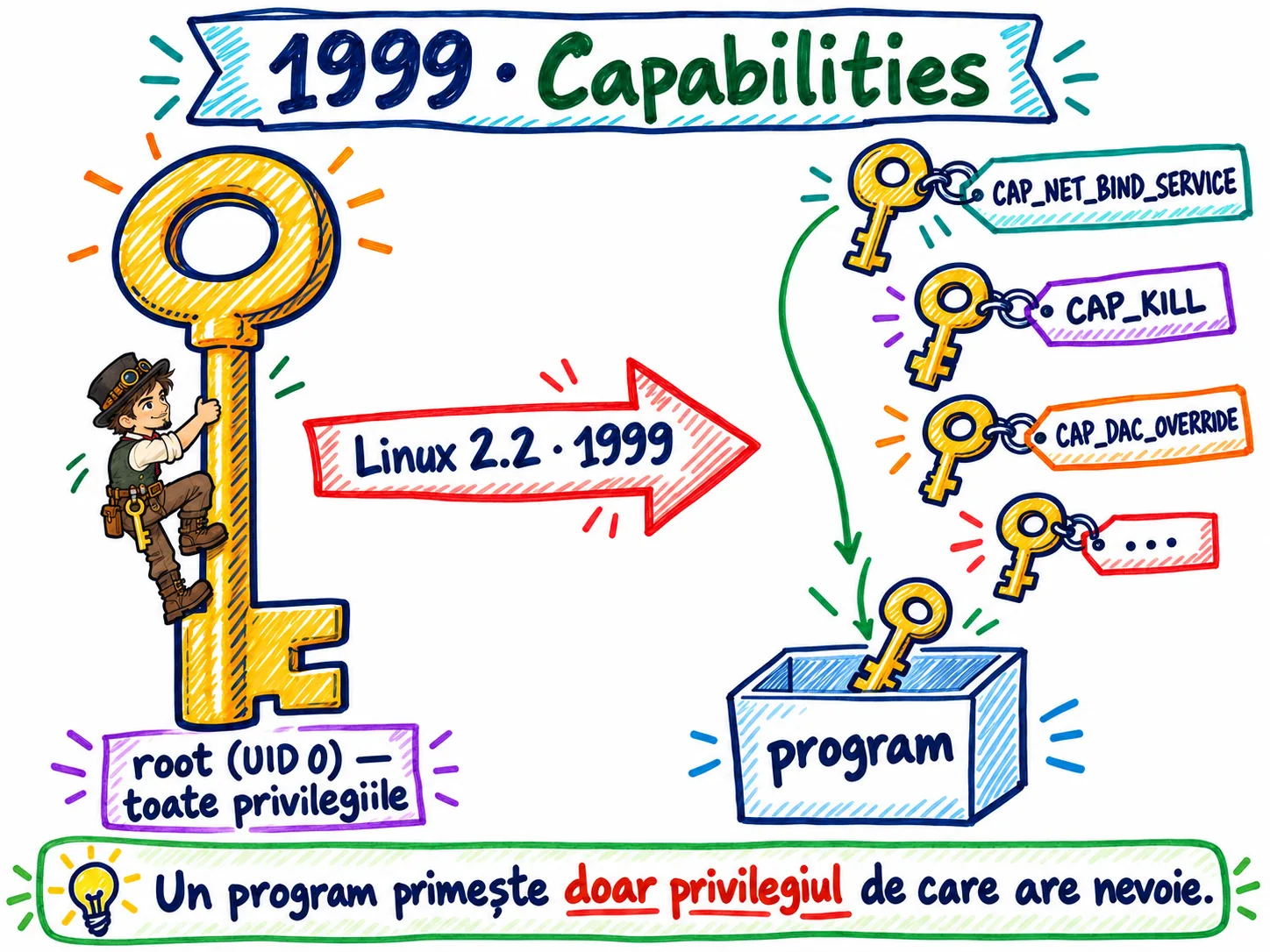 Cheia mare a utilizatorului root, cu toate privilegiile, este tăiată în Linux 2.2 (1999) în chei mici numite capabilities; programul primește doar cheia de care are nevoie.
