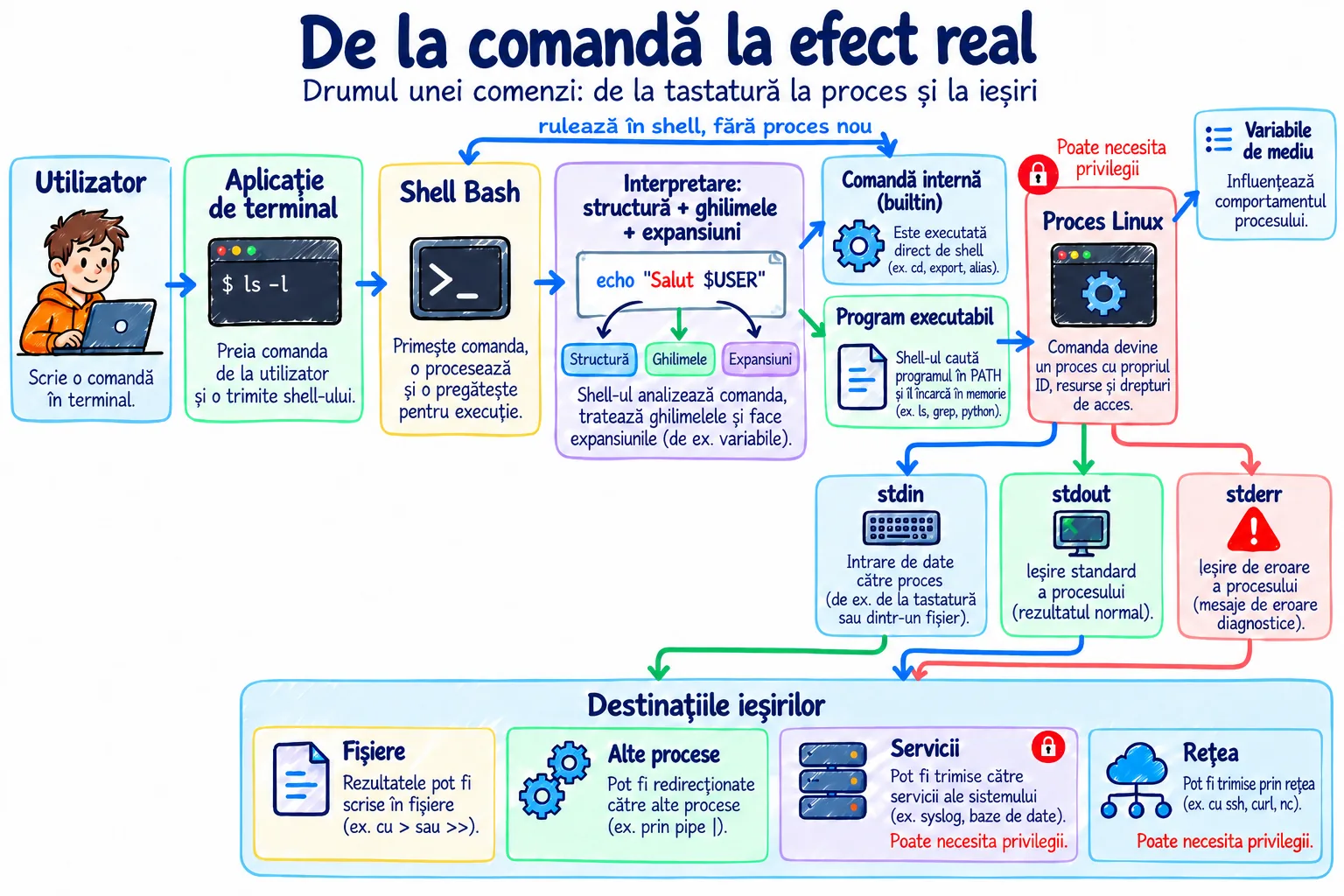 Schema „De la comandă la efect real”: utilizatorul tastează în aplicația de terminal, shell-ul Bash interpretează structura, ghilimelele și expansiunile, apoi pornește un builtin sau un executabil căutat în PATH ca proces Linux, cu stdin, stdout și stderr trimise către fișiere, alte procese, servicii sau rețea.