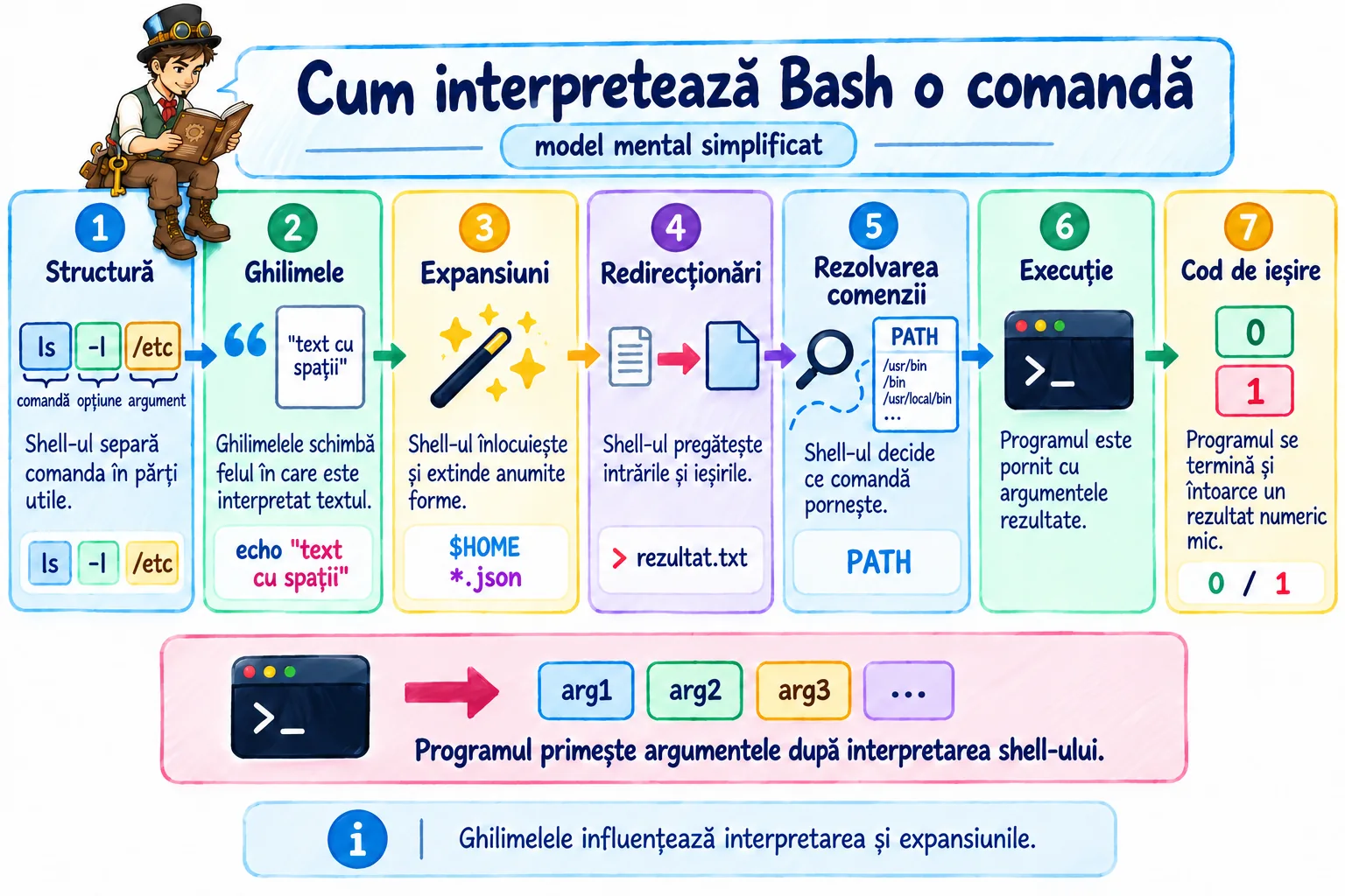 Modelul mental al interpretării unei comenzi de Bash în șapte pași: structura, ghilimelele, expansiunile, redirecționările, rezolvarea comenzii în PATH, execuția și codul de ieșire, programul primind argumentele după interpretarea shell-ului.