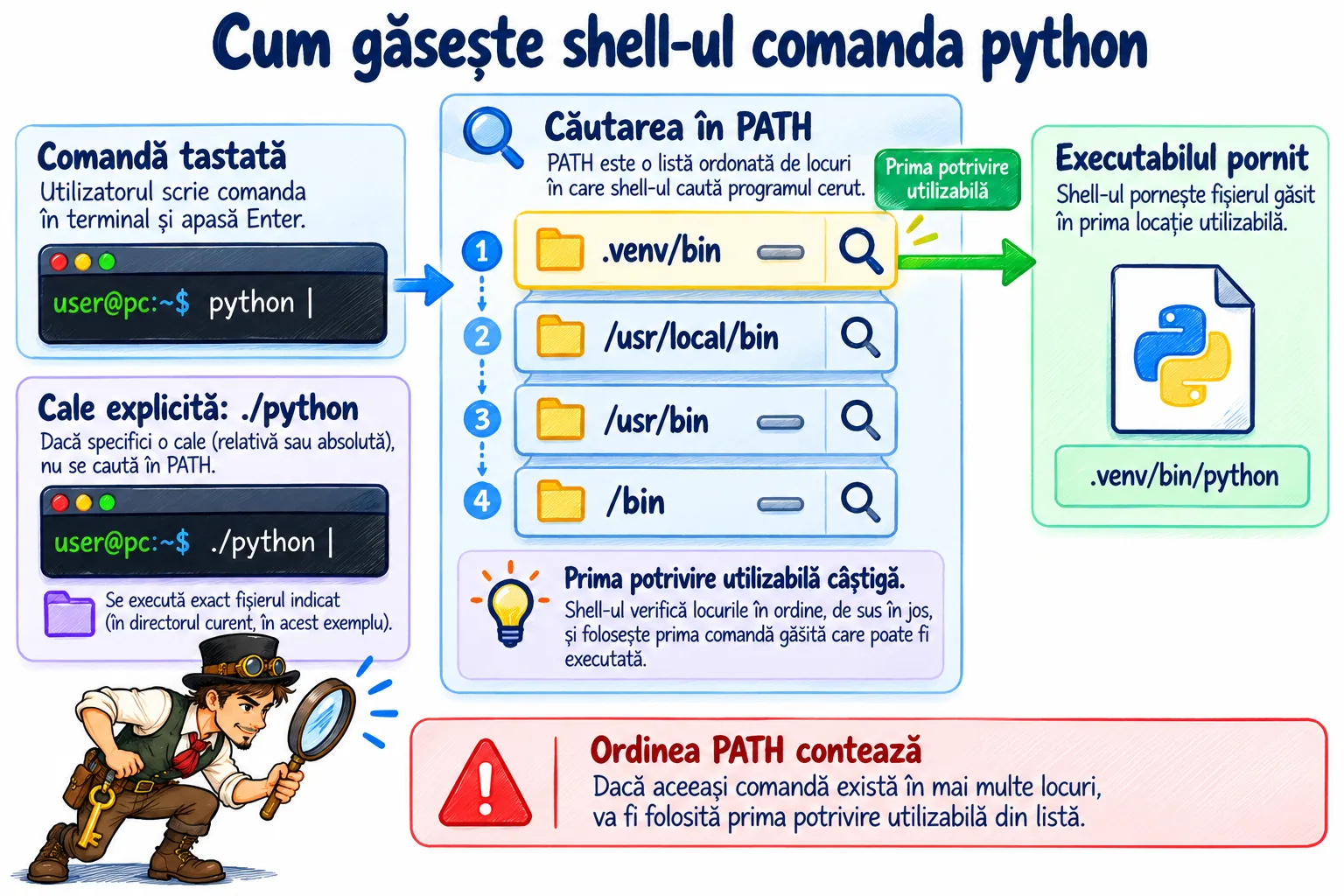 Cum găsește shell-ul comanda python: caută în ordine folderele din PATH, precum .venv/bin, /usr/local/bin, /usr/bin și /bin, și pornește prima potrivire utilizabilă, în timp ce o cale explicită precum ./python nu mai depinde de căutarea în PATH.