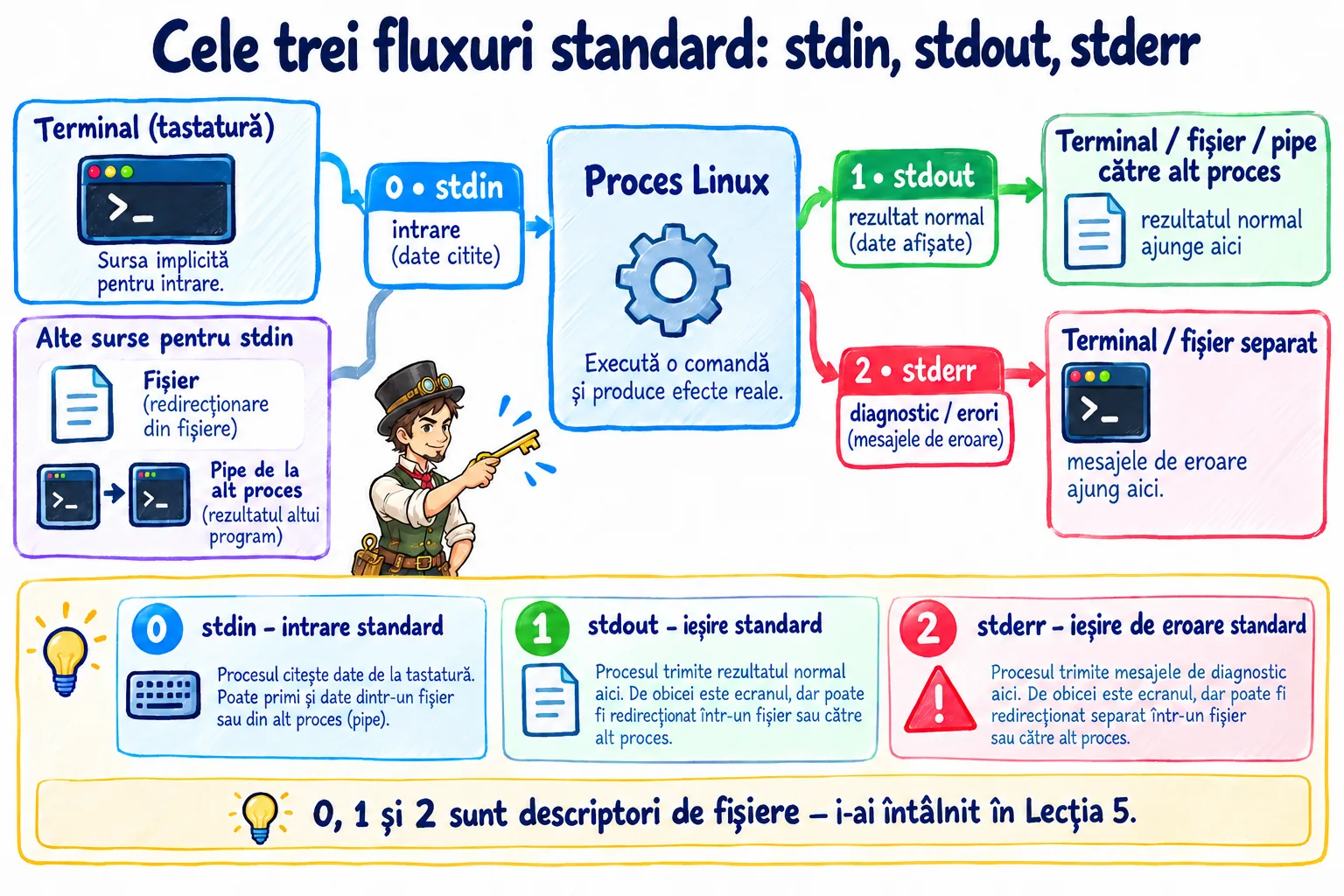 Cele trei fluxuri standard ale unui proces Linux: stdin, descriptorul 0, ca intrare, stdout, descriptorul 1, pentru rezultatul normal și stderr, descriptorul 2, pentru diagnostic, fiecare putând ajunge la terminal, în fișier sau într-un pipe către alt proces.