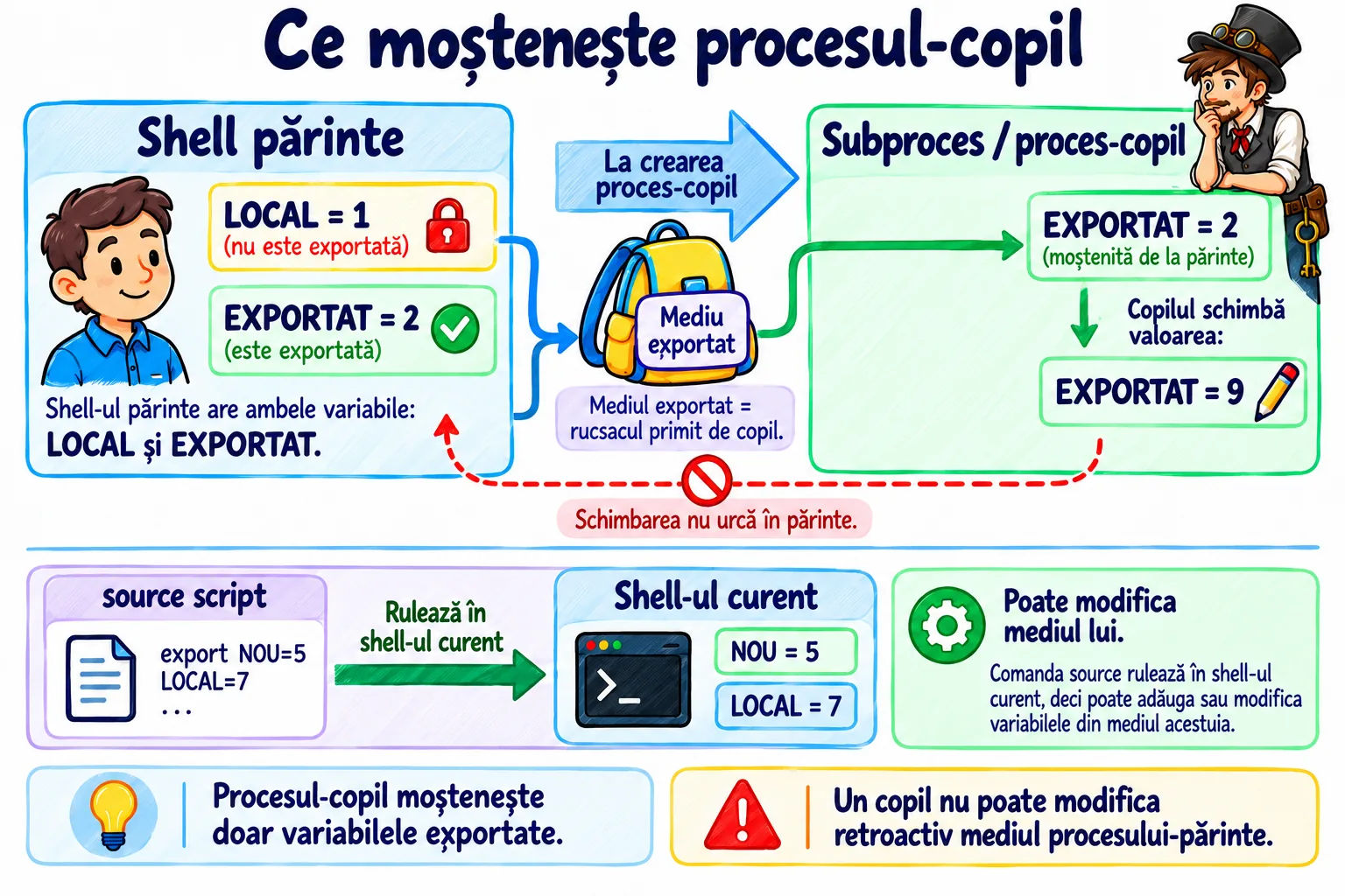 Ce moștenește procesul-copil: shell-ul părinte are variabile locale și exportate, copilul primește doar mediul exportat, schimbările lui nu urcă în părinte, iar comanda source rulează un script chiar în shell-ul curent și îi poate modifica mediul.