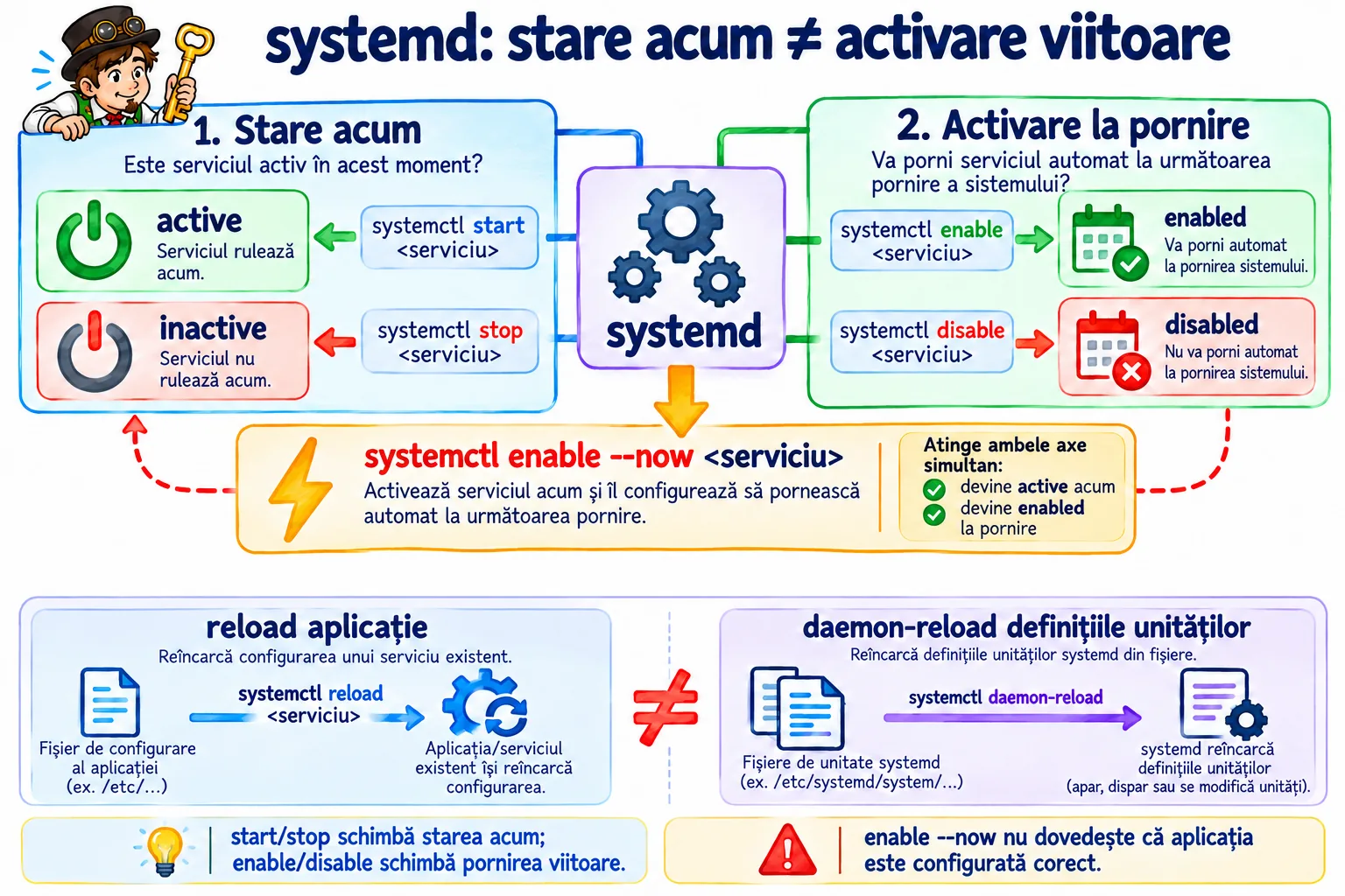systemd: starea acum, pornită sau oprită prin start și stop, este separată de activarea la pornire, enabled sau disabled prin enable și disable, enable --now le atinge pe ambele, iar reload reîncarcă configurația aplicației, diferit de daemon-reload, care recitește definițiile unităților.