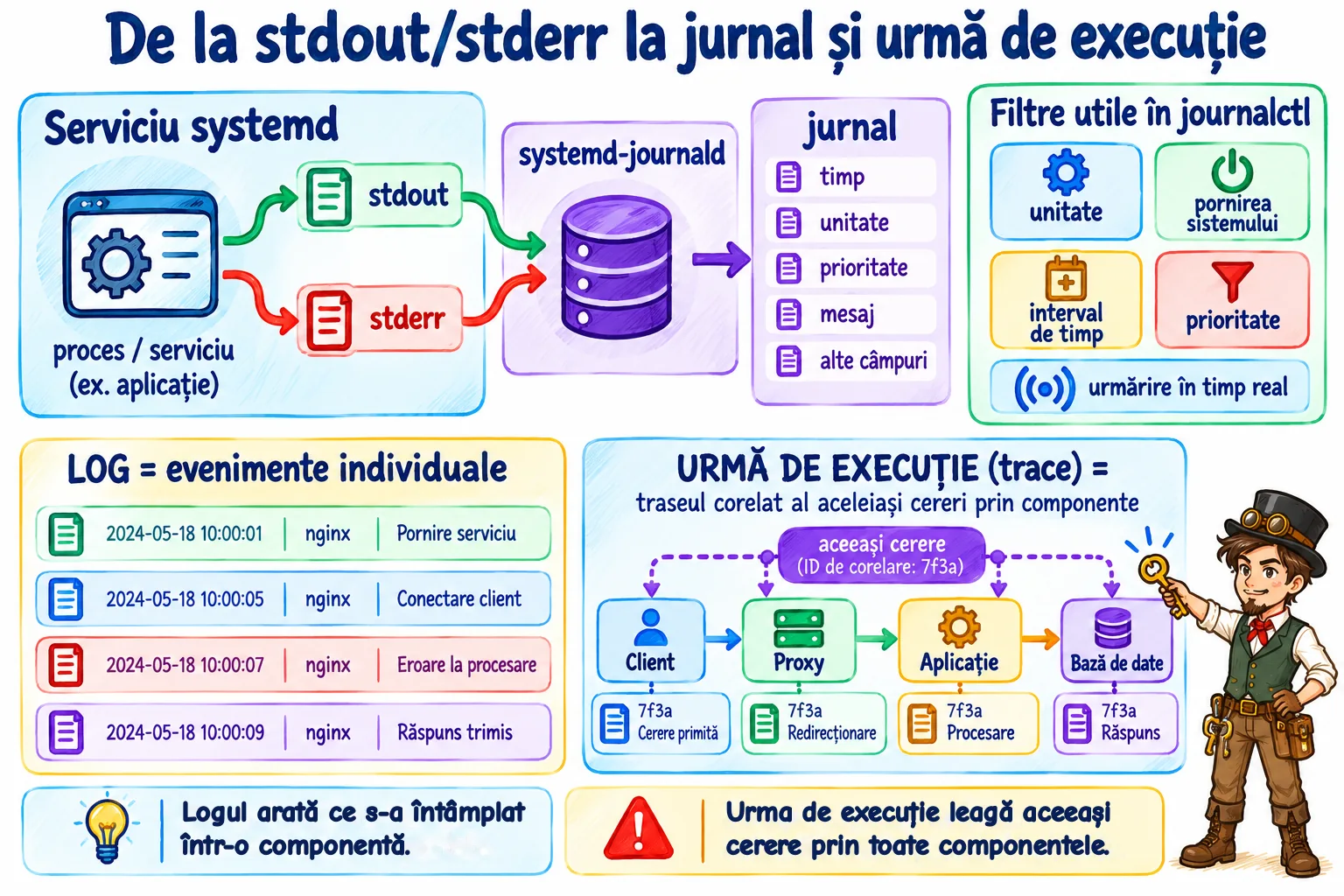 De la stdout și stderr ale unui serviciu systemd, colectate de systemd-journald într-un jurnal structurat, interogabil cu journalctl după unitate, timp, prioritate și urmărire în timp real, cu diferența dintre log, adică evenimente individuale, și urma de execuție, care urmărește aceeași cerere prin client, proxy, aplicație și bază de date.