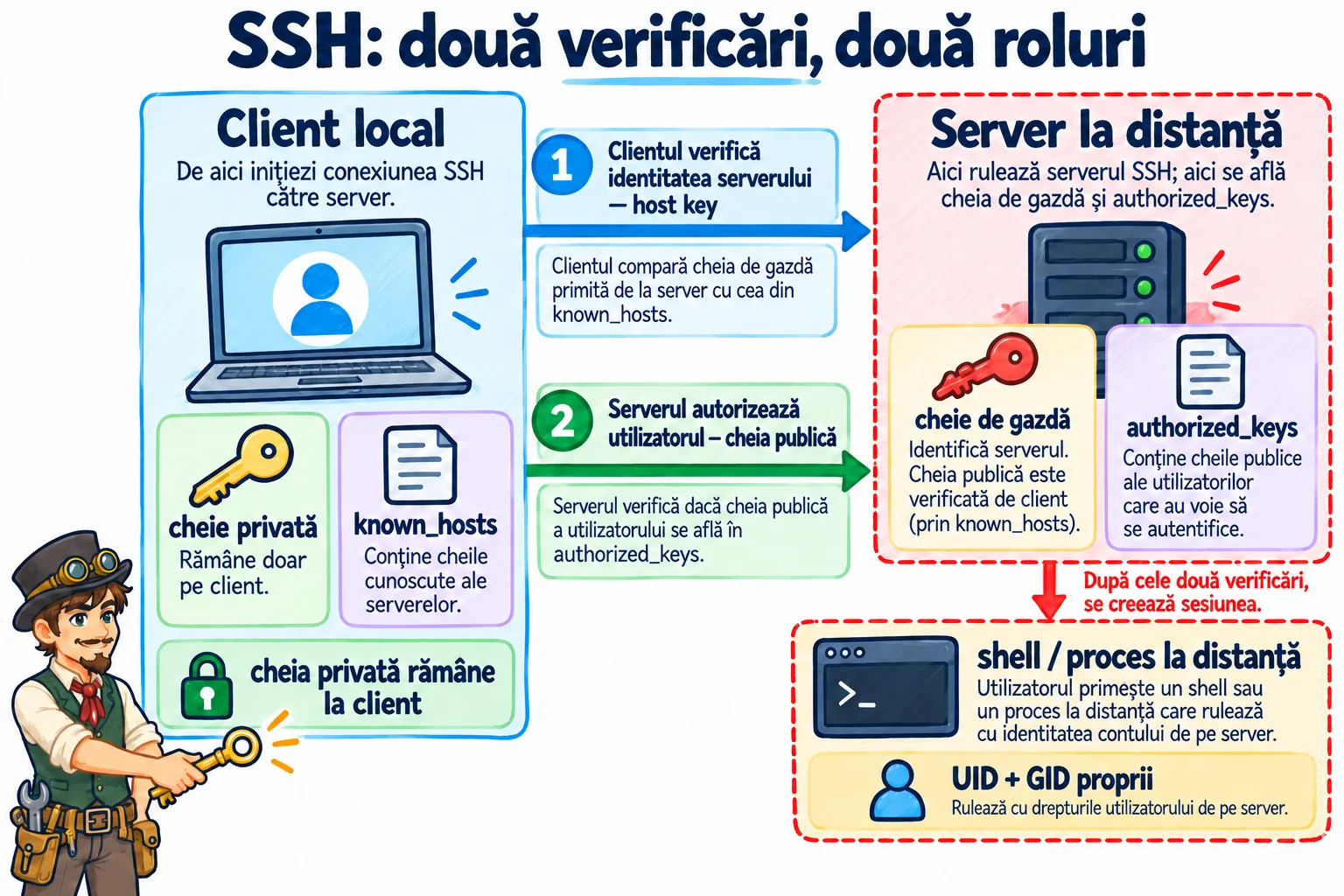 SSH: două verificări, două roluri — clientul local verifică identitatea serverului după cheia de gazdă din known_hosts, serverul la distanță autorizează utilizatorul după cheia publică din authorized_keys, cheia privată rămâne la client, iar după cele două verificări se creează o sesiune cu un shell sau proces la distanță, cu UID și GID proprii.